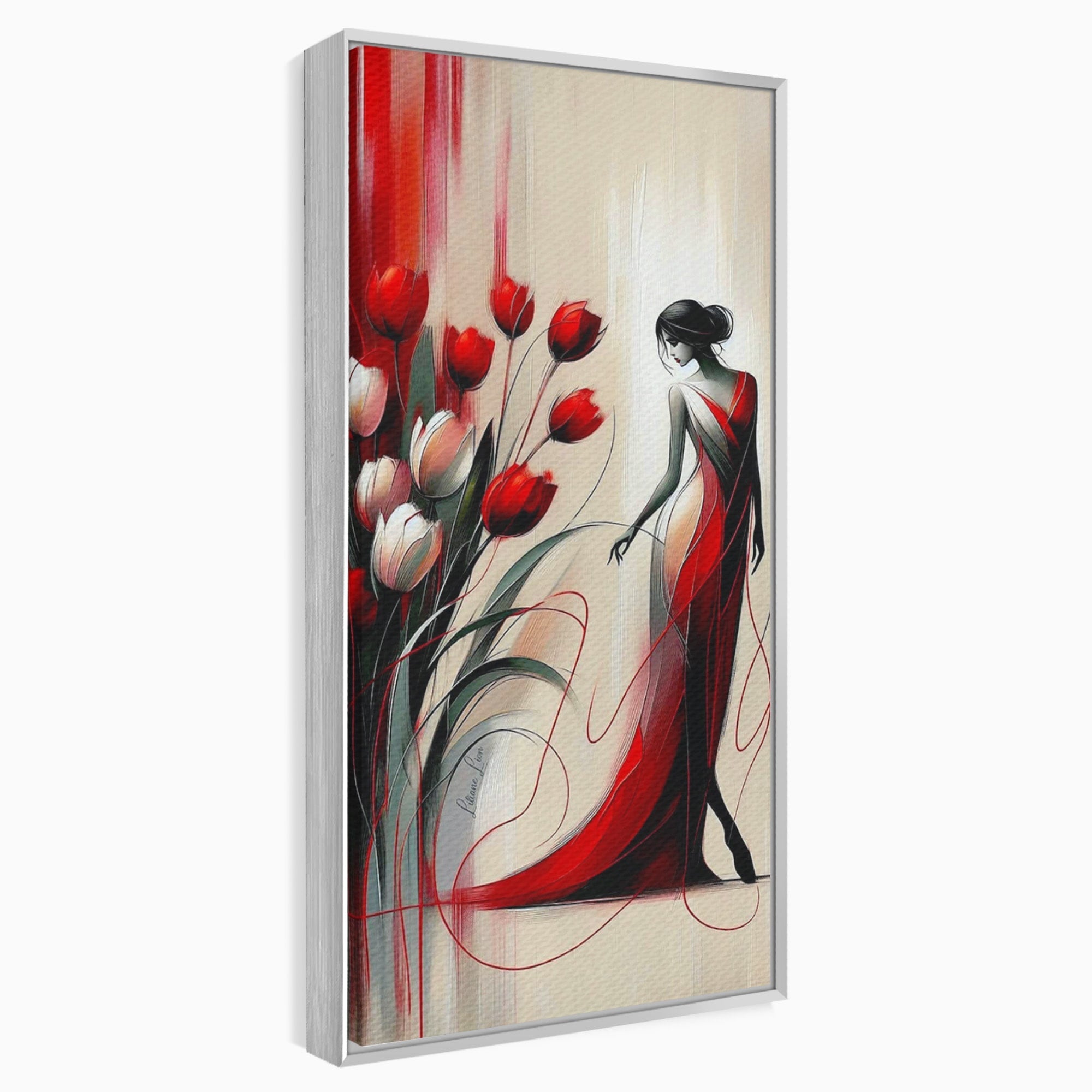 Tablou Canvas Premium LuxCanva® PI1047, Dansul Lalelelor, Flori, Femeie, Eleganta, Living, Arta, Culori Vibrante