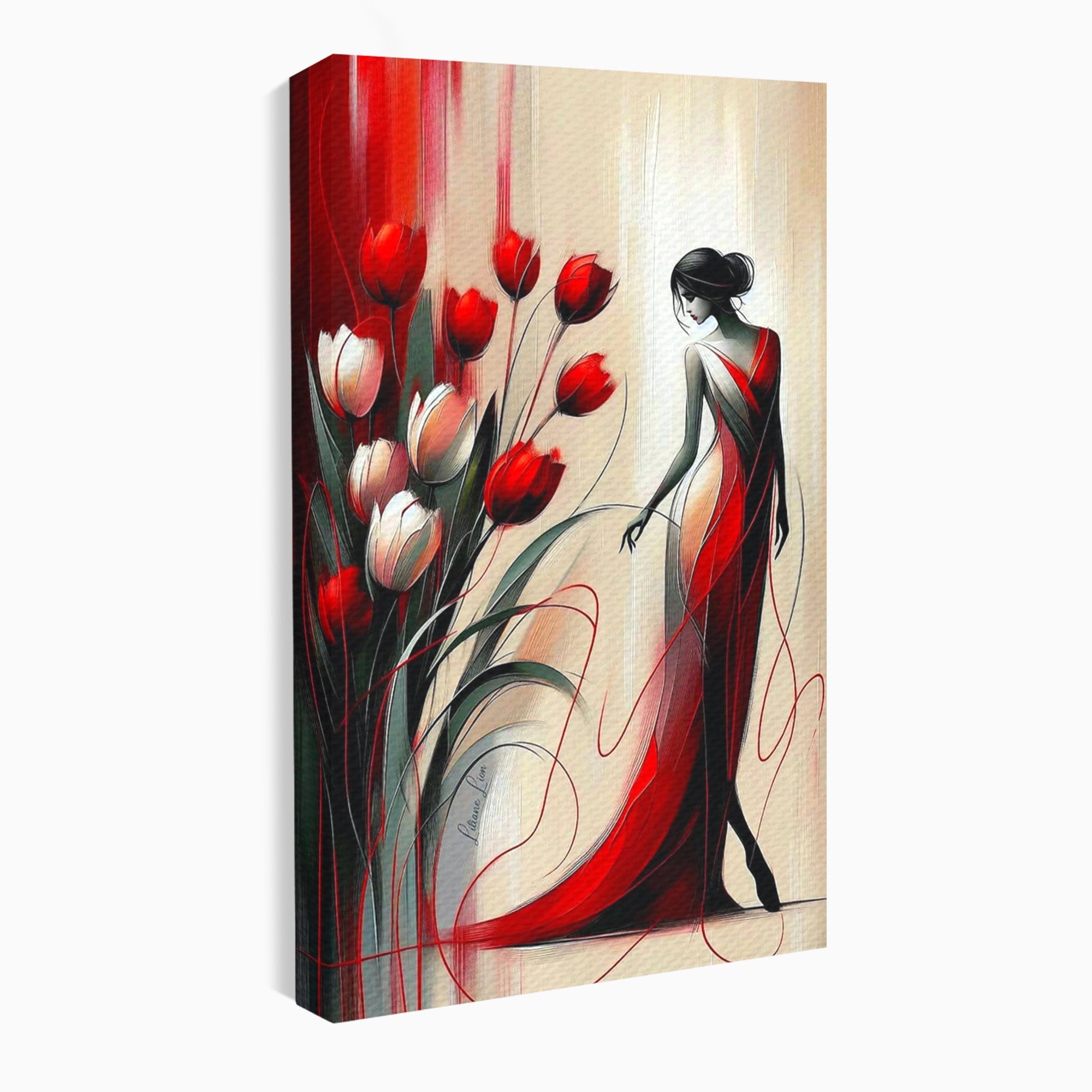 Tablou Canvas Premium LuxCanva® PI1047, Dansul Lalelelor, Flori, Femeie, Eleganta, Living, Arta, Culori Vibrante