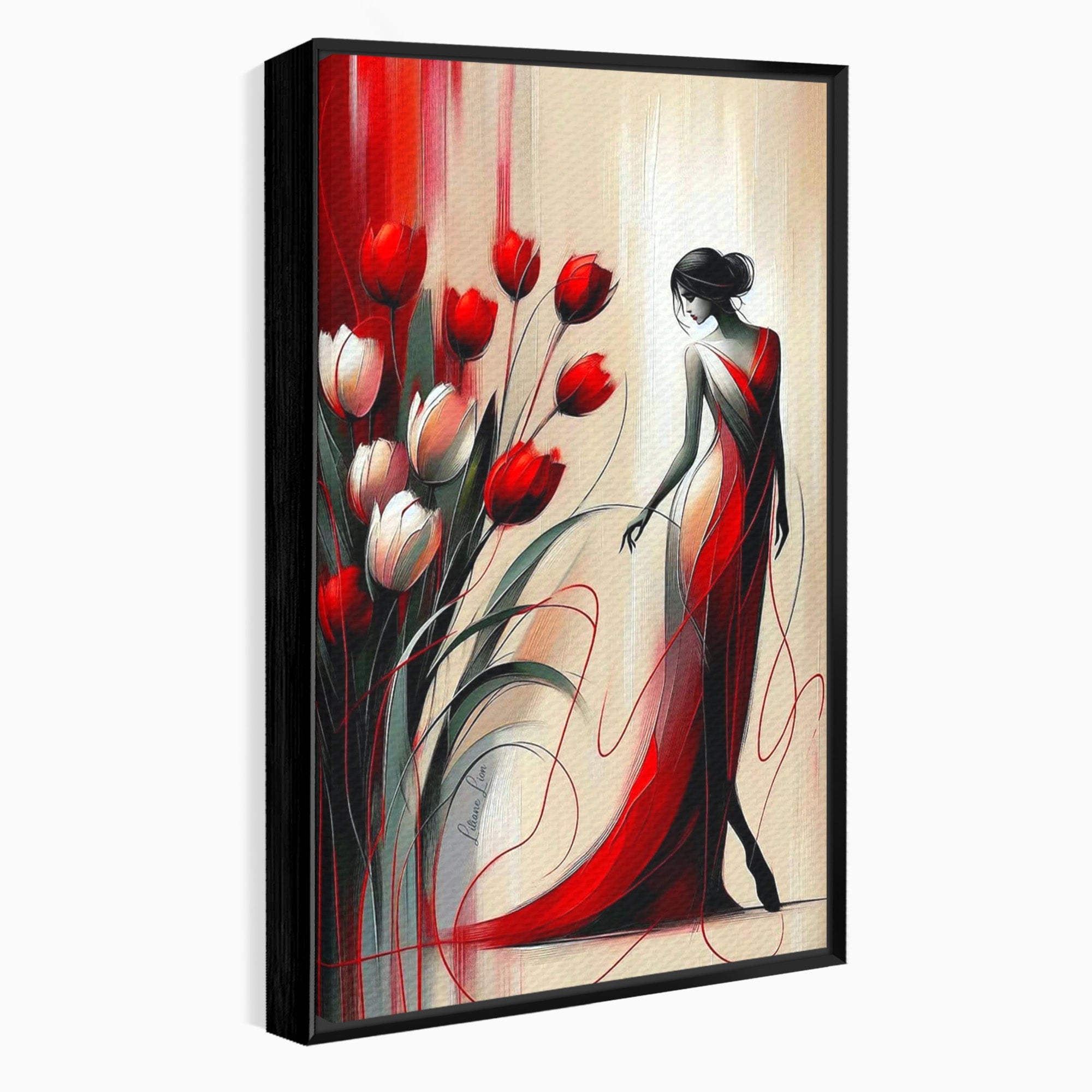 Tablou Canvas Premium LuxCanva® PI1047, Dansul Lalelelor, Flori, Femeie, Eleganta, Living, Arta, Culori Vibrante