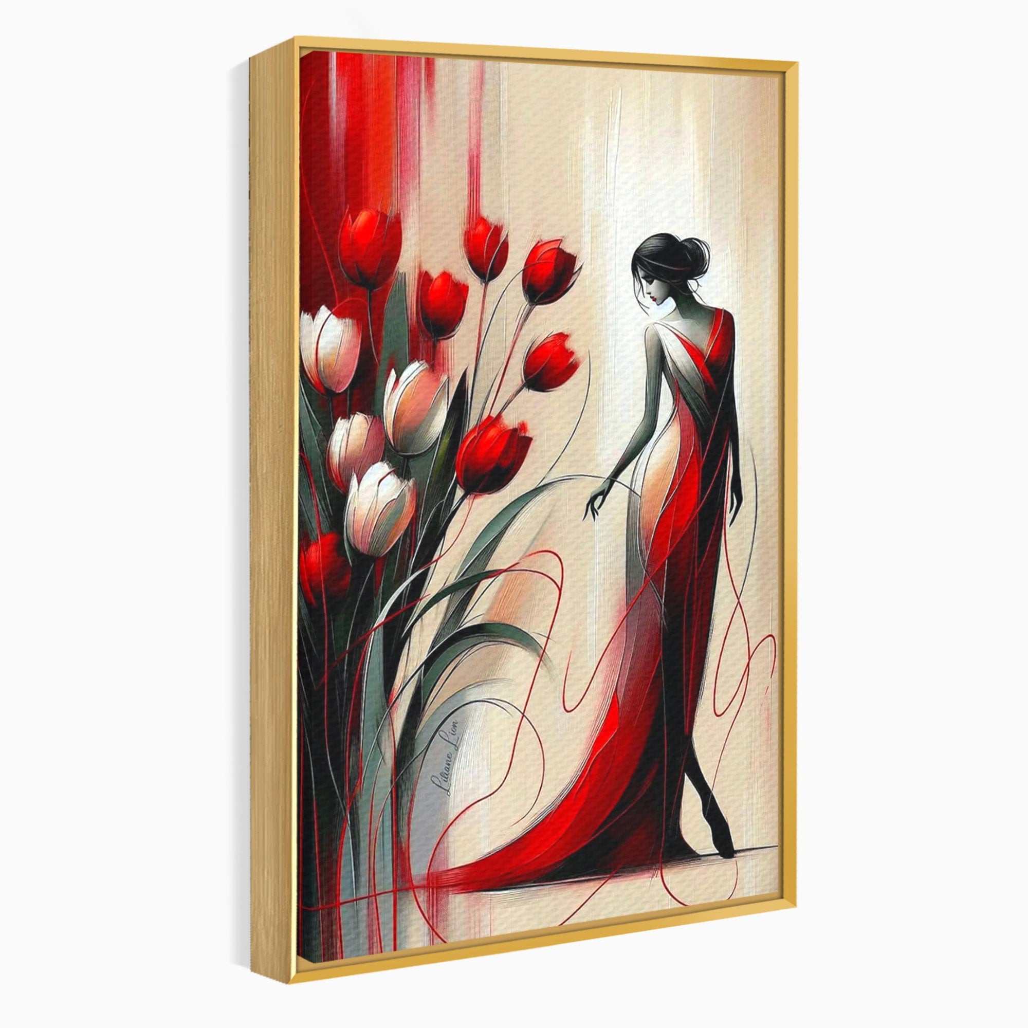 Tablou Canvas Premium LuxCanva® PI1047, Dansul Lalelelor, Flori, Femeie, Eleganta, Living, Arta, Culori Vibrante