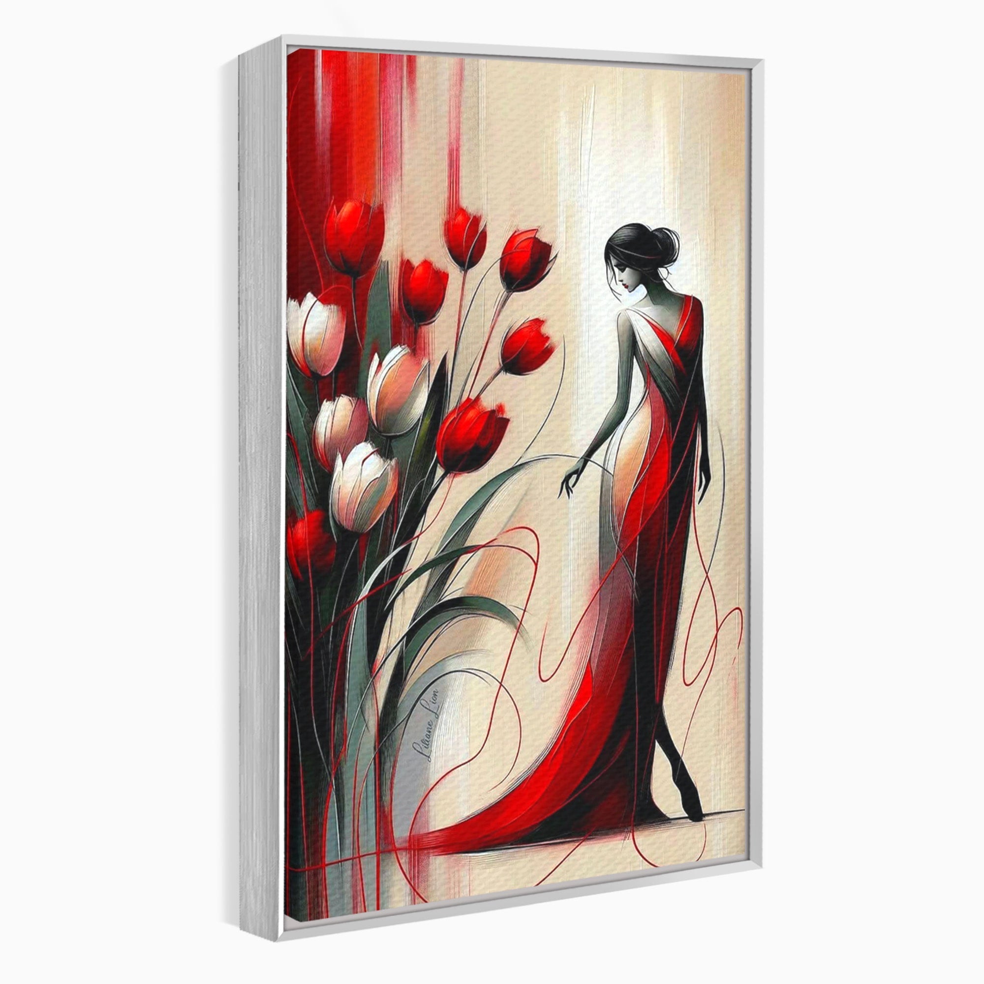 Tablou Canvas Premium LuxCanva® PI1047, Dansul Lalelelor, Flori, Femeie, Eleganta, Living, Arta, Culori Vibrante