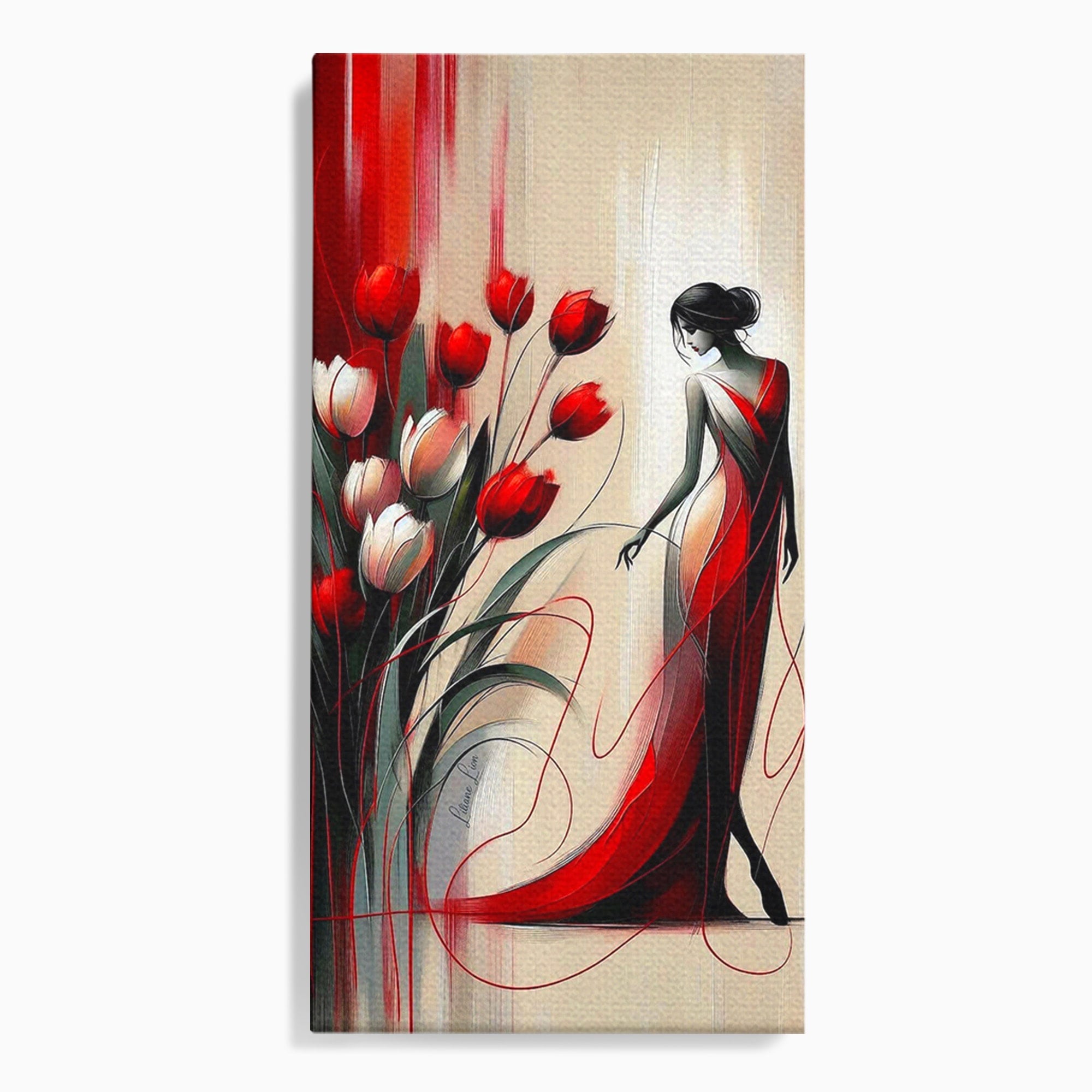 Tablou Canvas Premium LuxCanva® PI1047, Dansul Lalelelor, Flori, Femeie, Eleganta, Living, Arta, Culori Vibrante