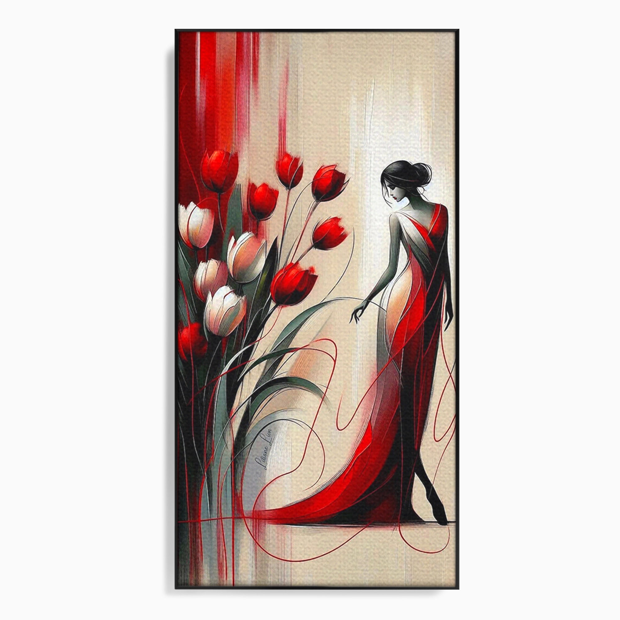 Tablou Canvas Premium LuxCanva® PI1047, Dansul Lalelelor, Flori, Femeie, Eleganta, Living, Arta, Culori Vibrante