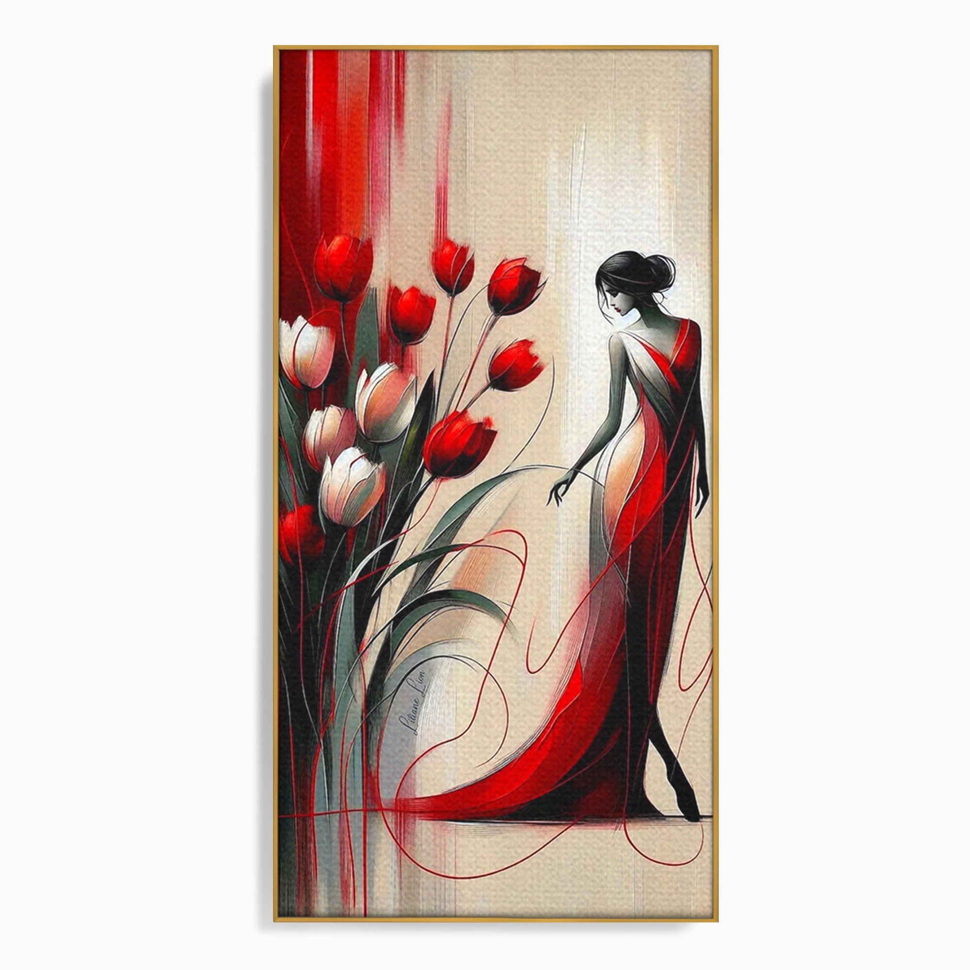 Tablou Canvas Premium LuxCanva® PI1047, Dansul Lalelelor, Flori, Femeie, Eleganta, Living, Arta, Culori Vibrante