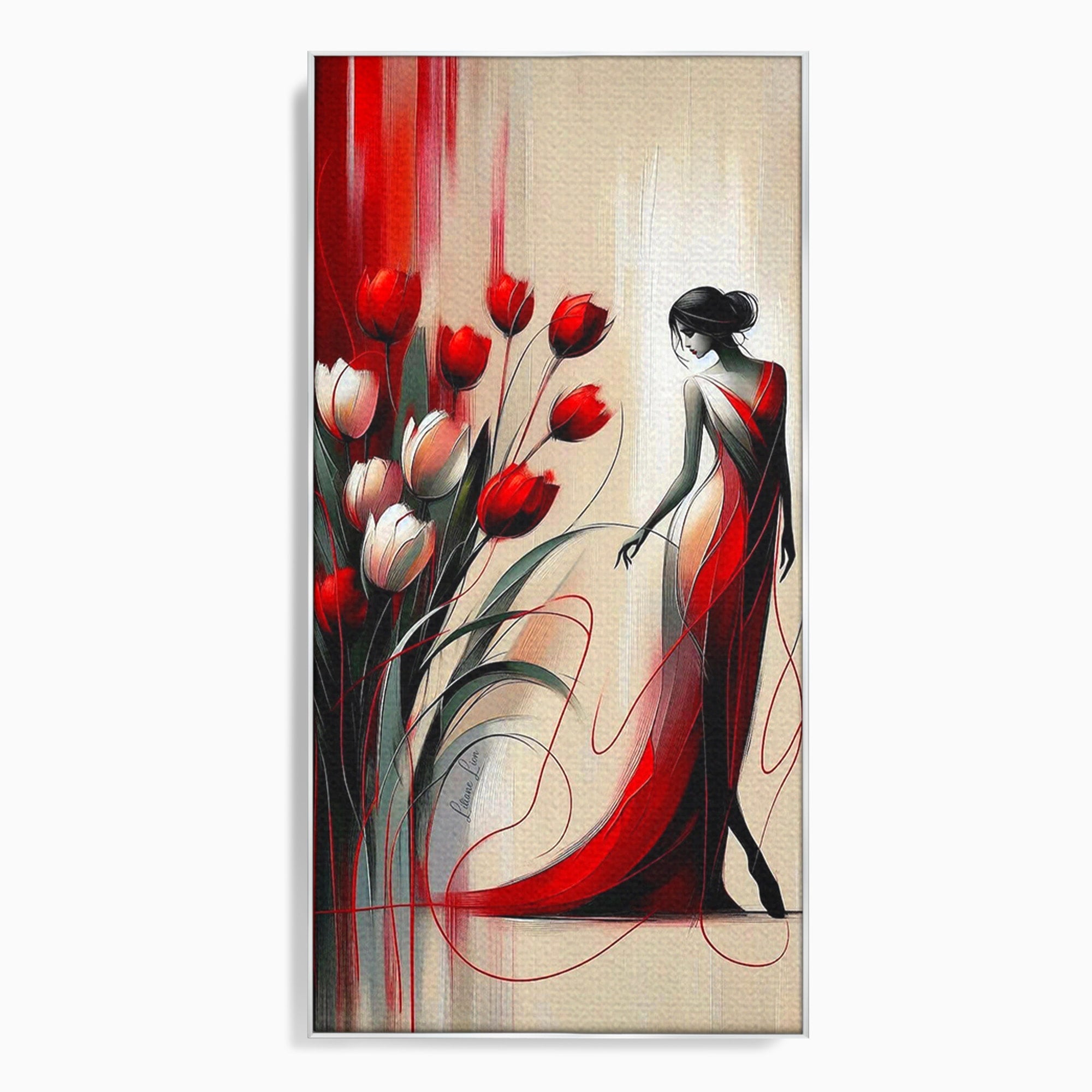 Tablou Canvas Premium LuxCanva® PI1047, Dansul Lalelelor, Flori, Femeie, Eleganta, Living, Arta, Culori Vibrante