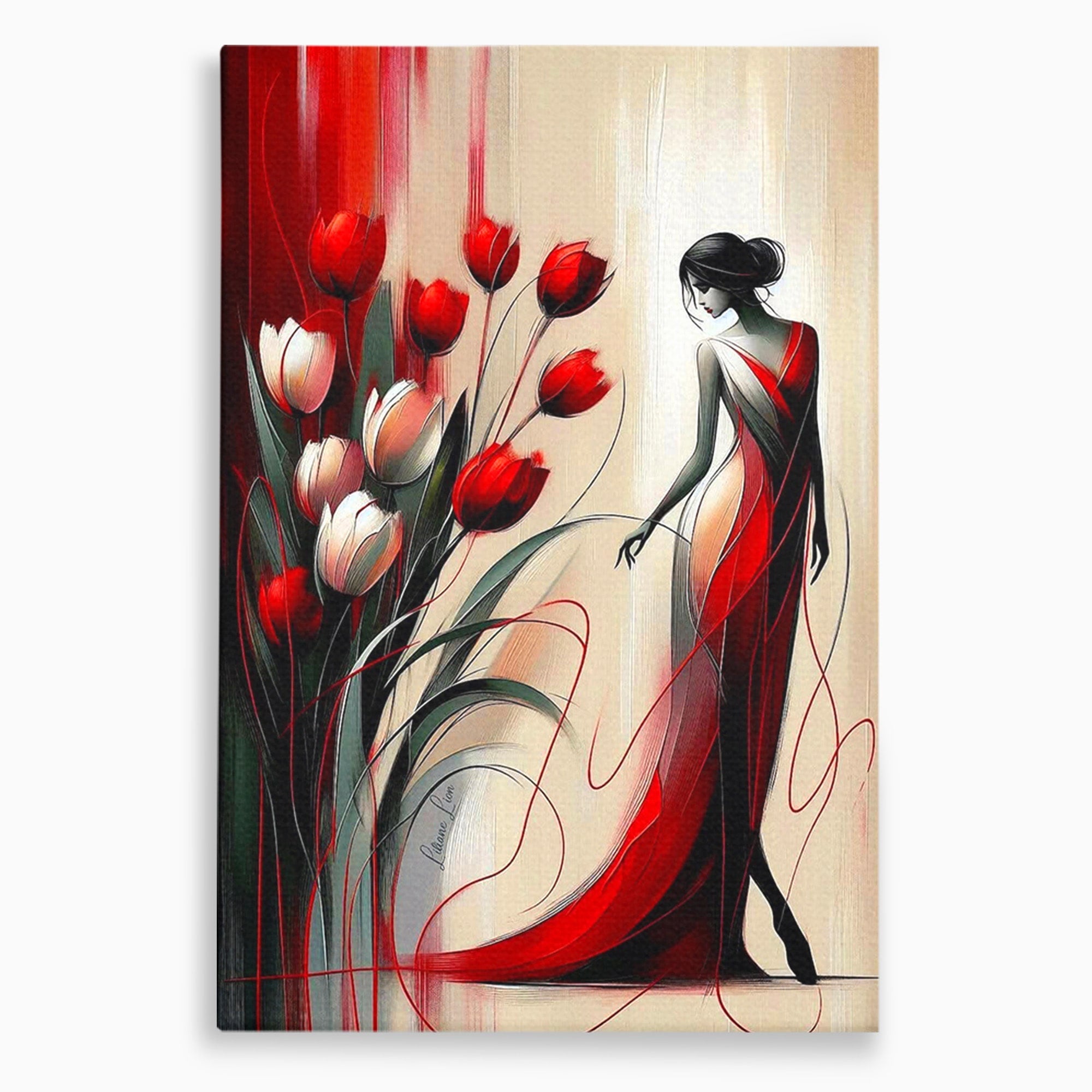 Tablou Canvas Premium LuxCanva® PI1047, Dansul Lalelelor, Flori, Femeie, Eleganta, Living, Arta, Culori Vibrante