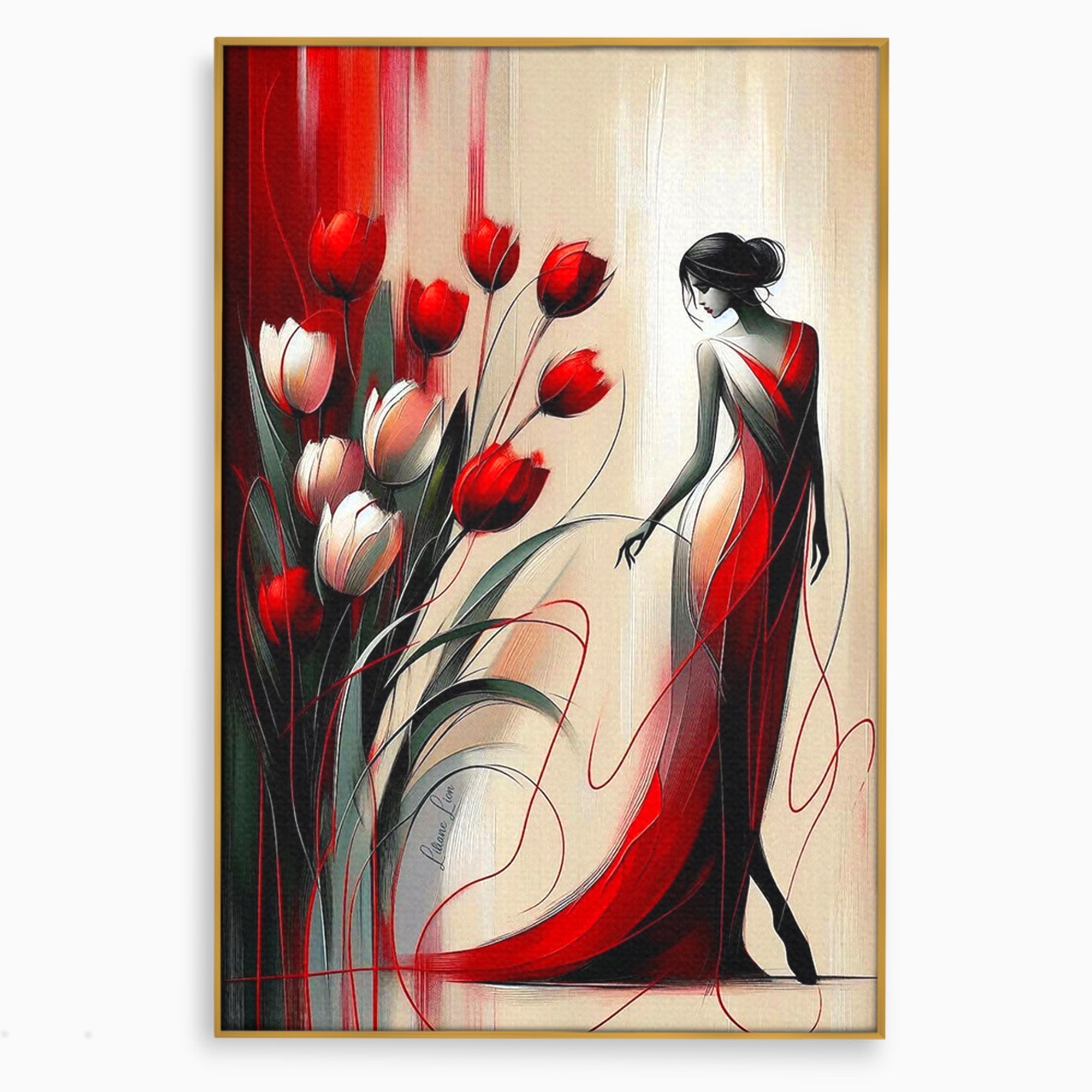 Tablou Canvas Premium LuxCanva® PI1047, Dansul Lalelelor, Flori, Femeie, Eleganta, Living, Arta, Culori Vibrante
