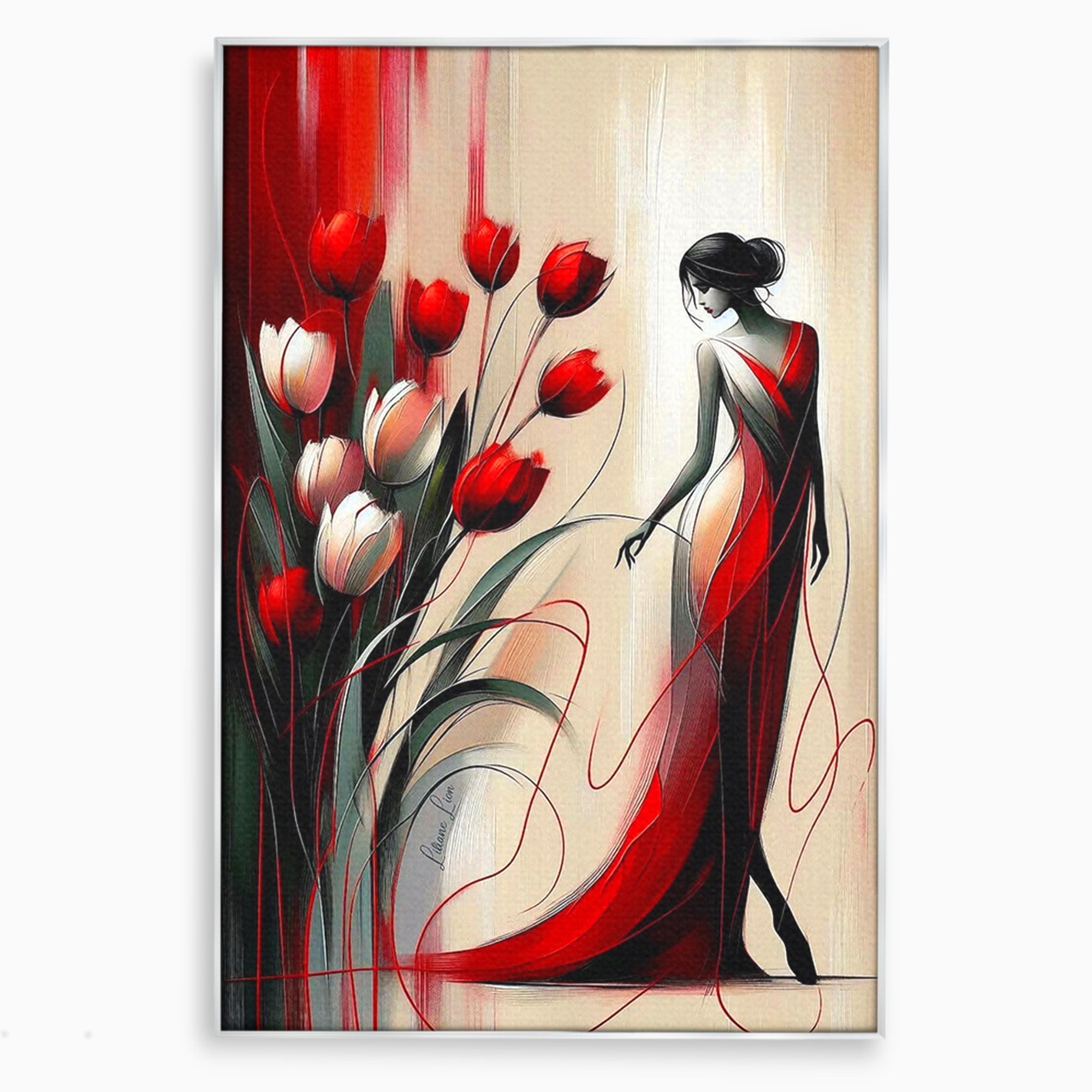 Tablou Canvas Premium LuxCanva® PI1047, Dansul Lalelelor, Flori, Femeie, Eleganta, Living, Arta, Culori Vibrante