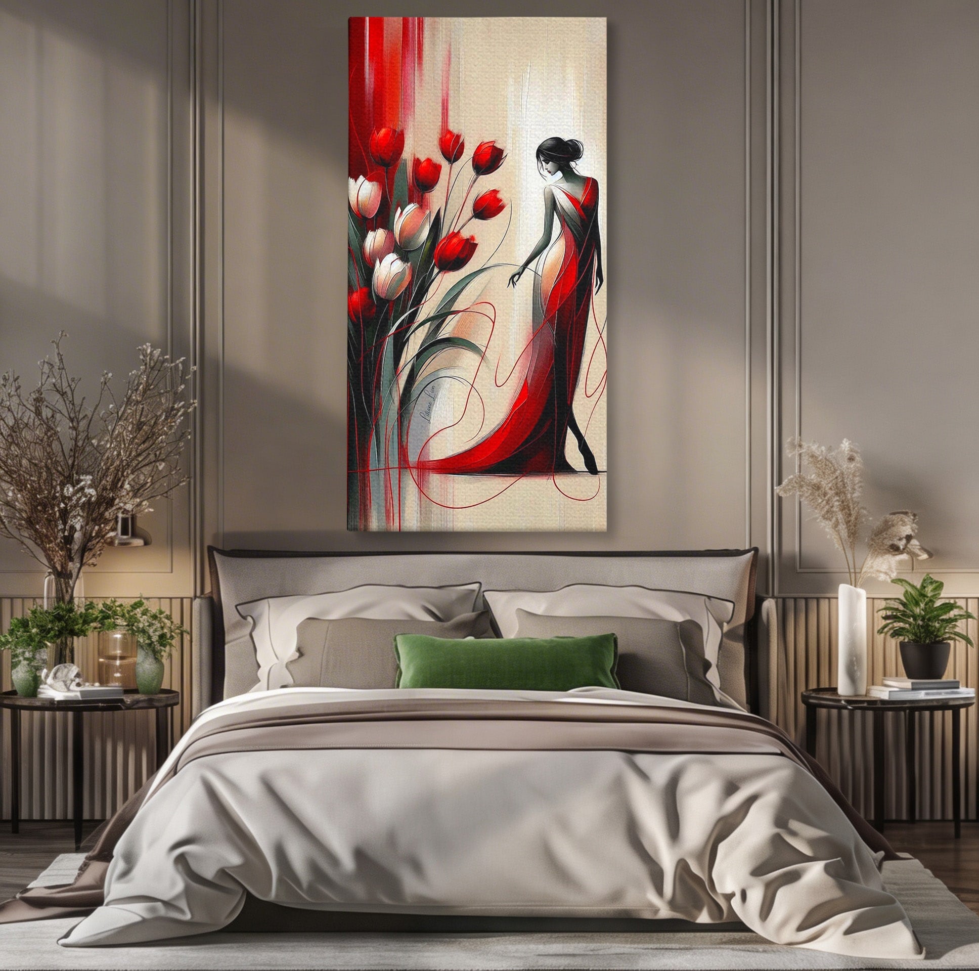Tablou Canvas Premium LuxCanva® PI1047, Dansul Lalelelor, Flori, Femeie, Eleganta, Living, Arta, Culori Vibrante