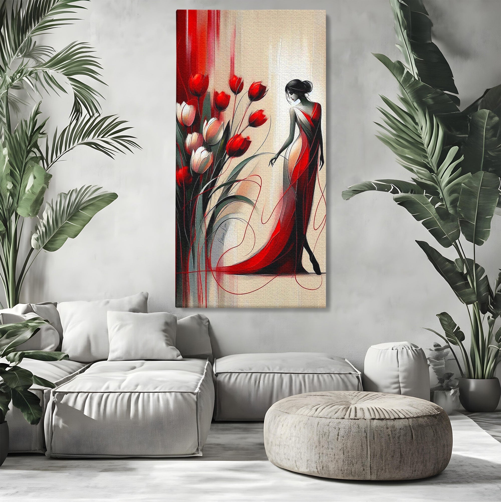 Tablou Canvas Premium LuxCanva® PI1047, Dansul Lalelelor, Flori, Femeie, Eleganta, Living, Arta, Culori Vibrante