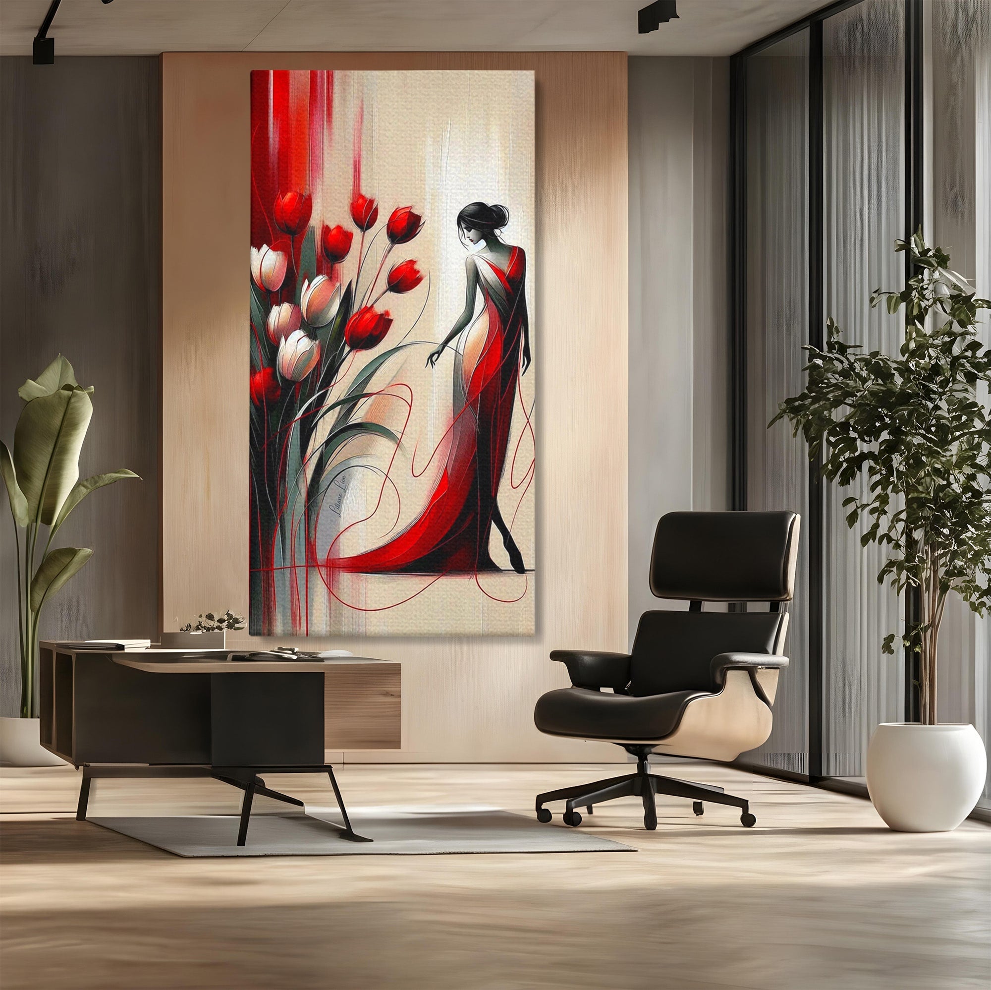 Tablou Canvas Premium LuxCanva® PI1047, Dansul Lalelelor, Flori, Femeie, Eleganta, Living, Arta, Culori Vibrante