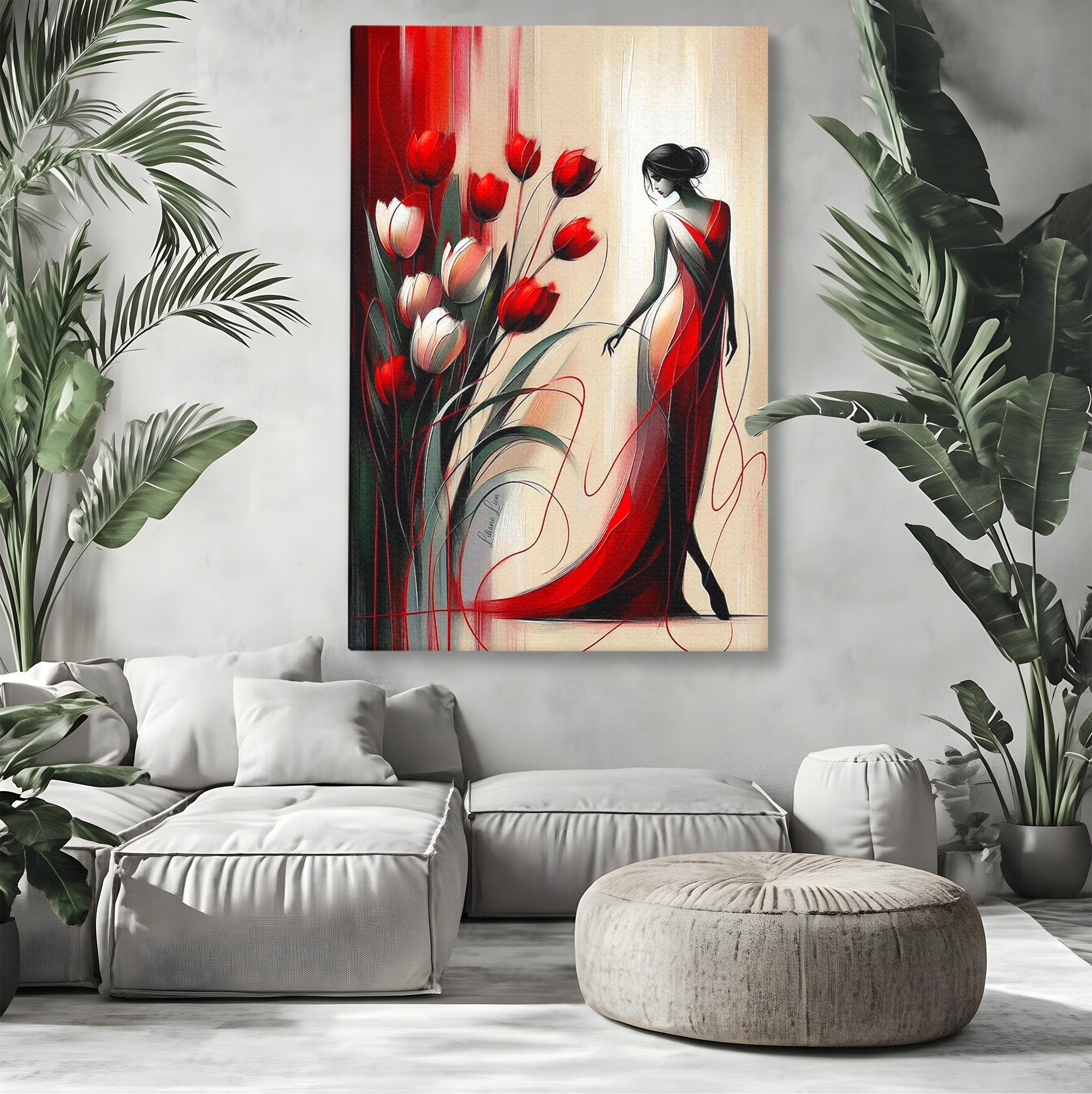 Tablou Canvas Premium LuxCanva® PI1047, Dansul Lalelelor, Flori, Femeie, Eleganta, Living, Arta, Culori Vibrante