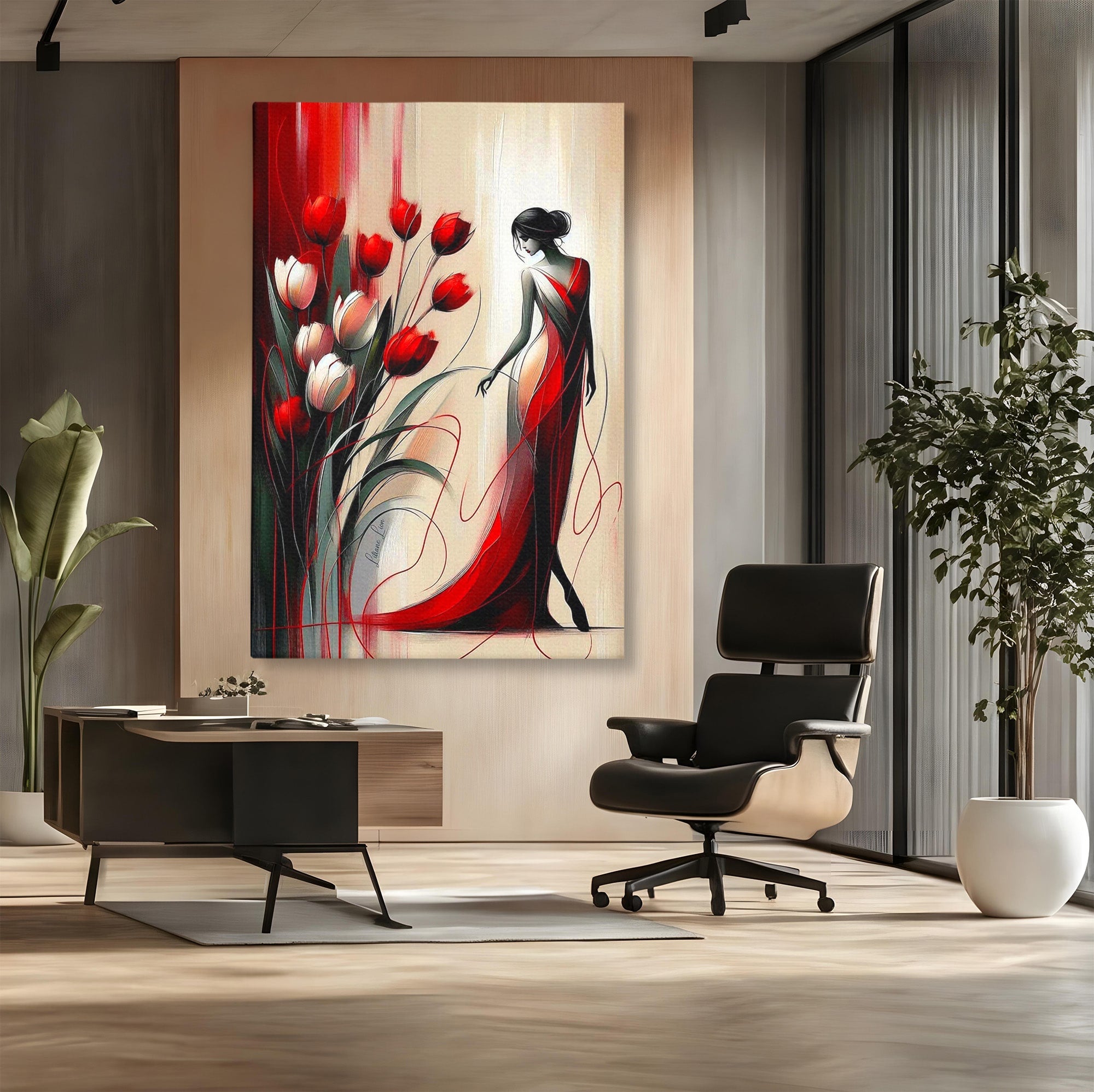 Tablou Canvas Premium LuxCanva® PI1047, Dansul Lalelelor, Flori, Femeie, Eleganta, Living, Arta, Culori Vibrante