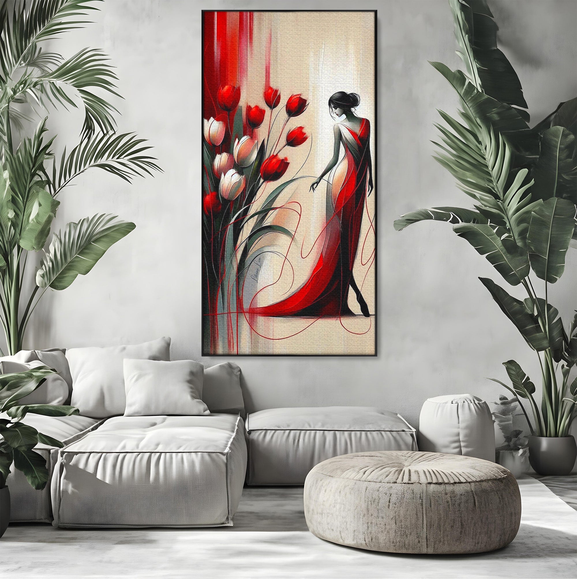 Tablou Canvas Premium LuxCanva® PI1047, Dansul Lalelelor, Flori, Femeie, Eleganta, Living, Arta, Culori Vibrante