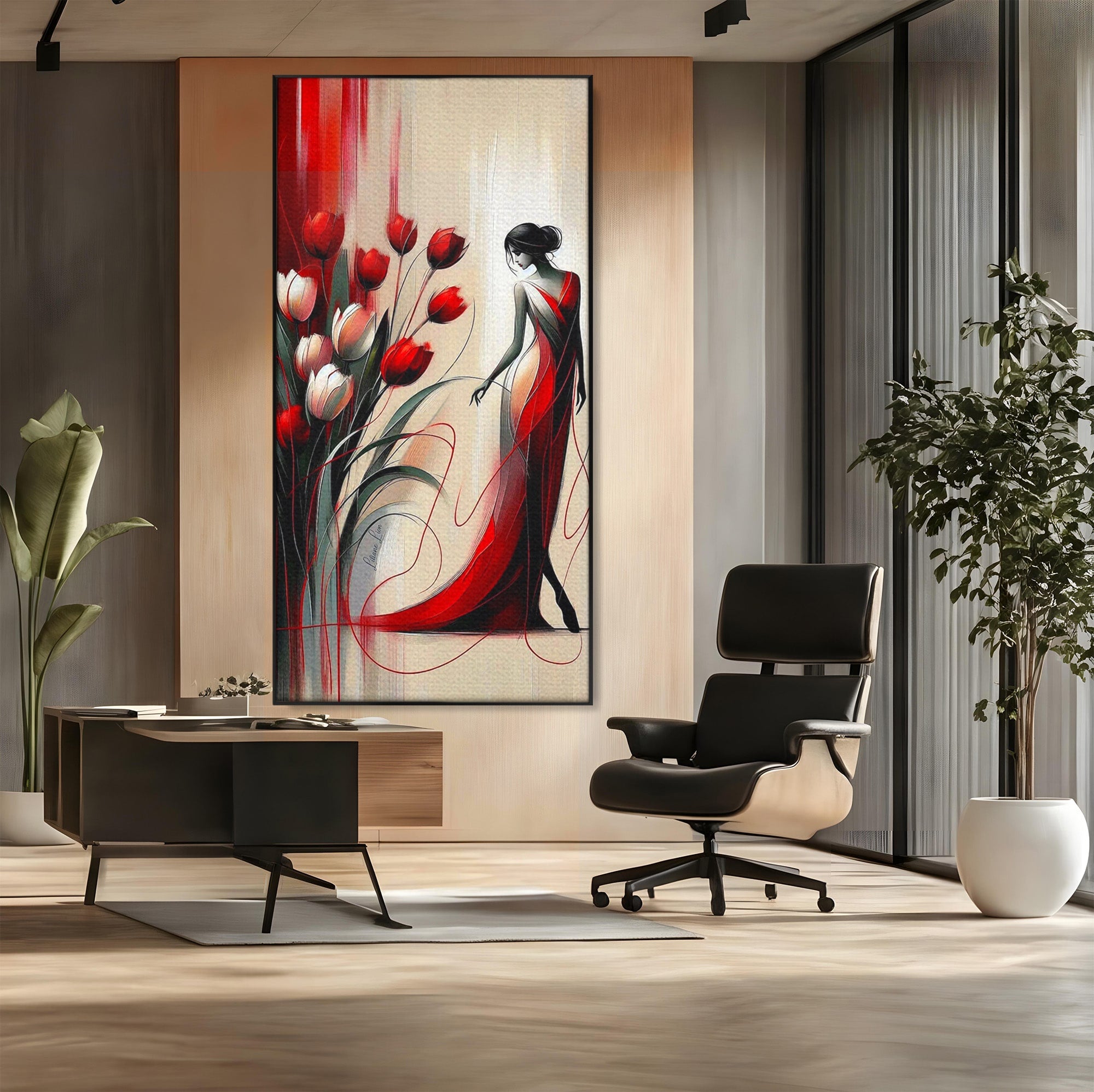 Tablou Canvas Premium LuxCanva® PI1047, Dansul Lalelelor, Flori, Femeie, Eleganta, Living, Arta, Culori Vibrante