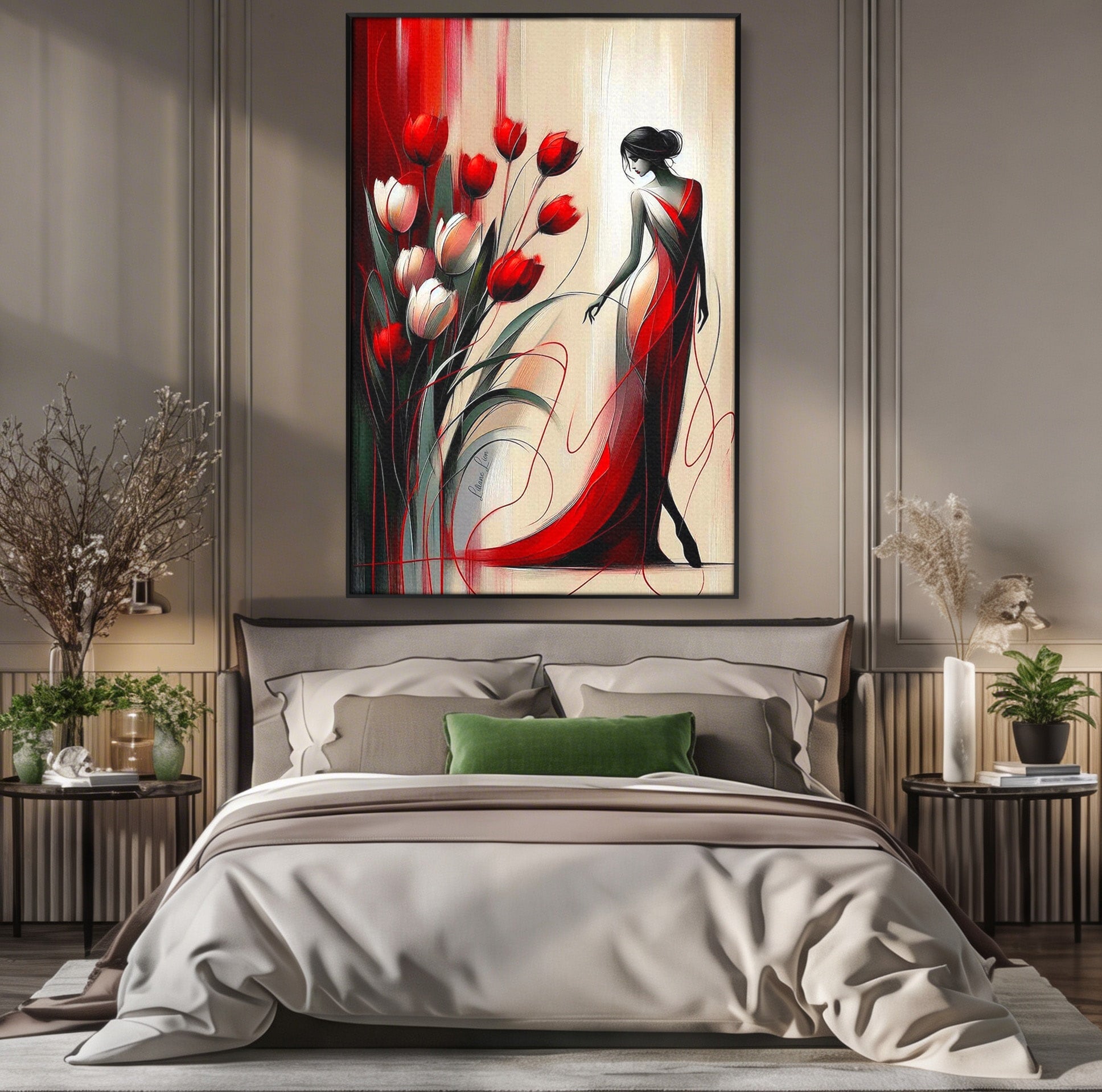 Tablou Canvas Premium LuxCanva® PI1047, Dansul Lalelelor, Flori, Femeie, Eleganta, Living, Arta, Culori Vibrante