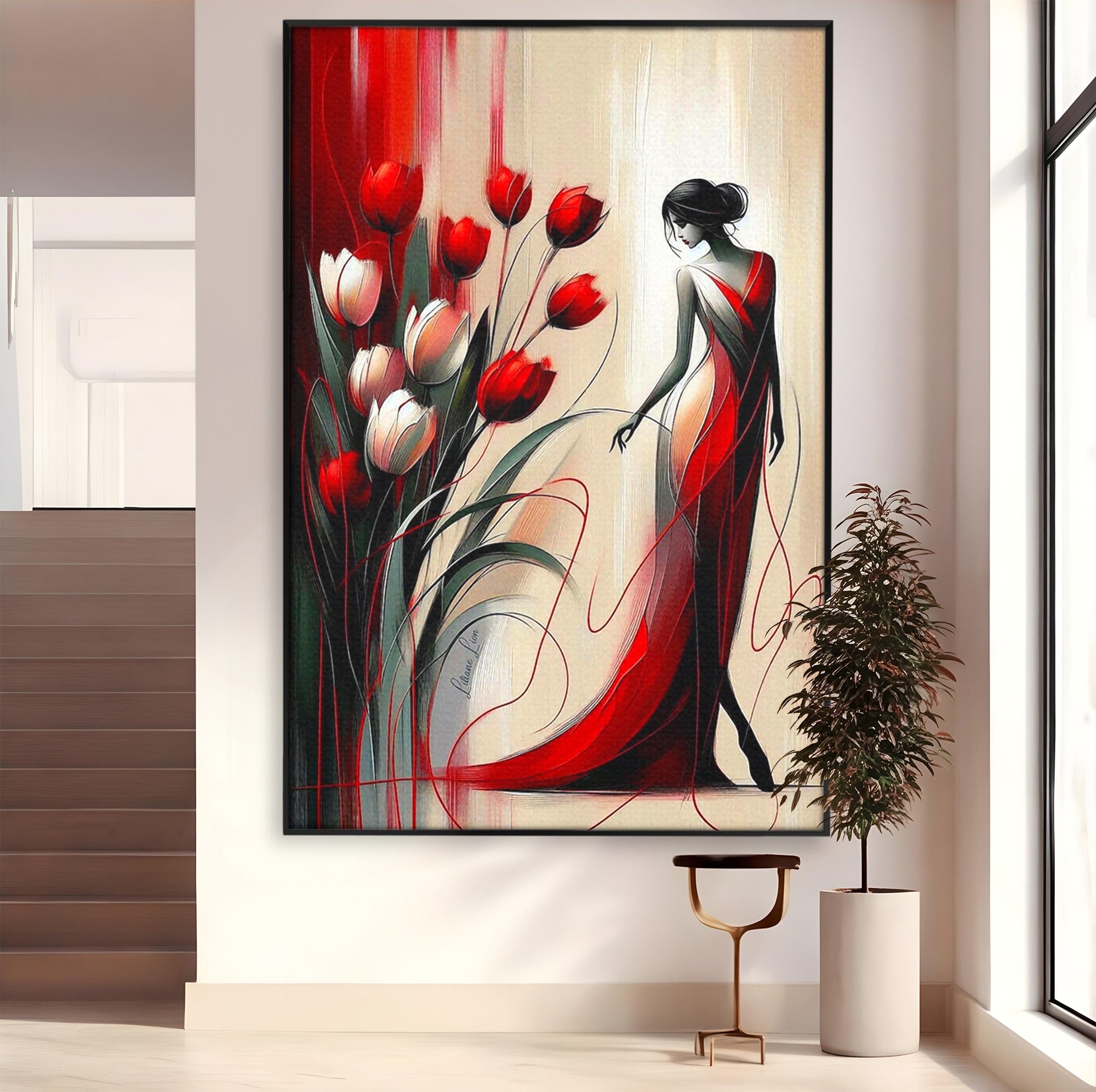 Tablou Canvas Premium LuxCanva® PI1047, Dansul Lalelelor, Flori, Femeie, Eleganta, Living, Arta, Culori Vibrante
