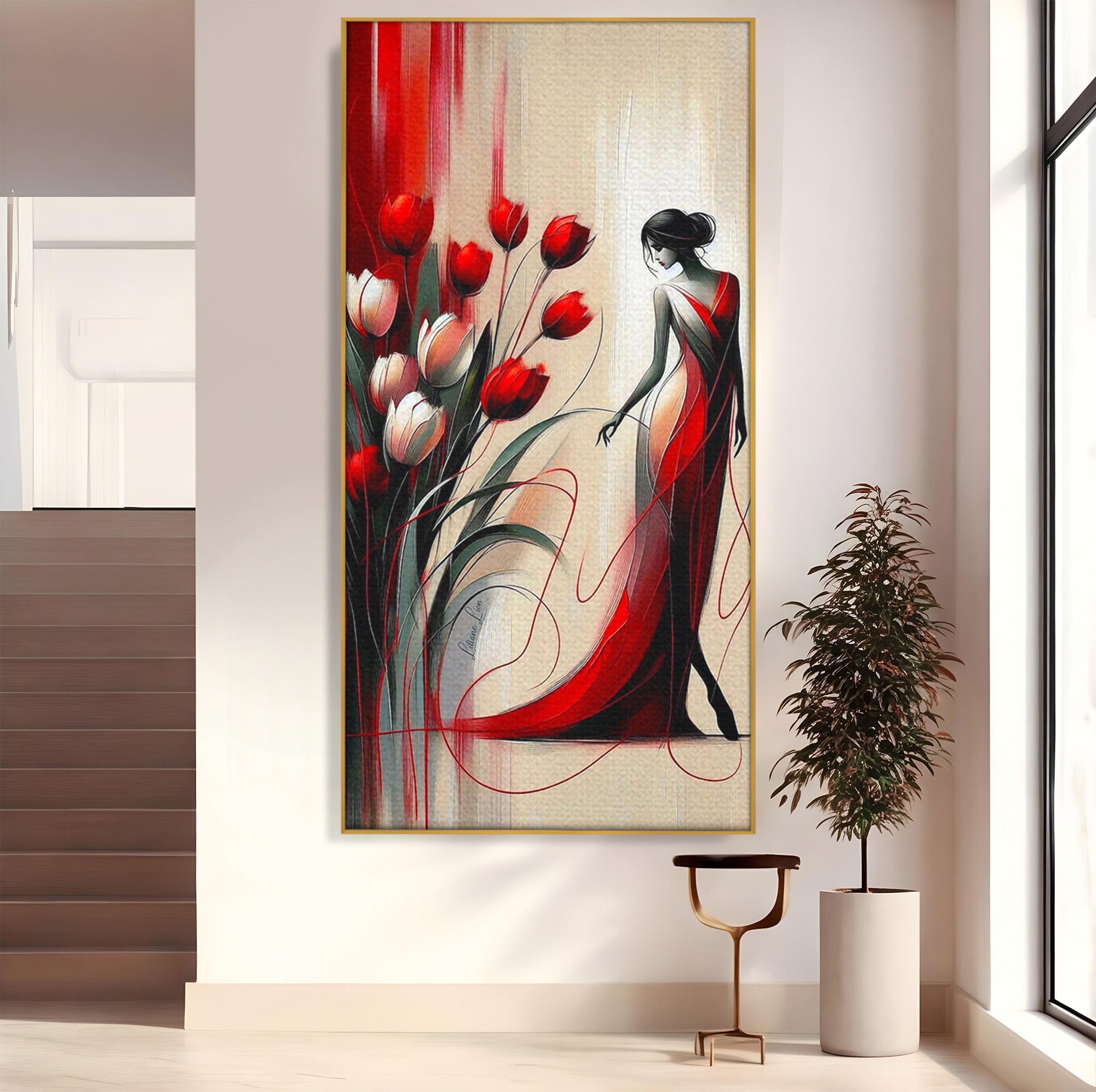 Tablou Canvas Premium LuxCanva® PI1047, Dansul Lalelelor, Flori, Femeie, Eleganta, Living, Arta, Culori Vibrante