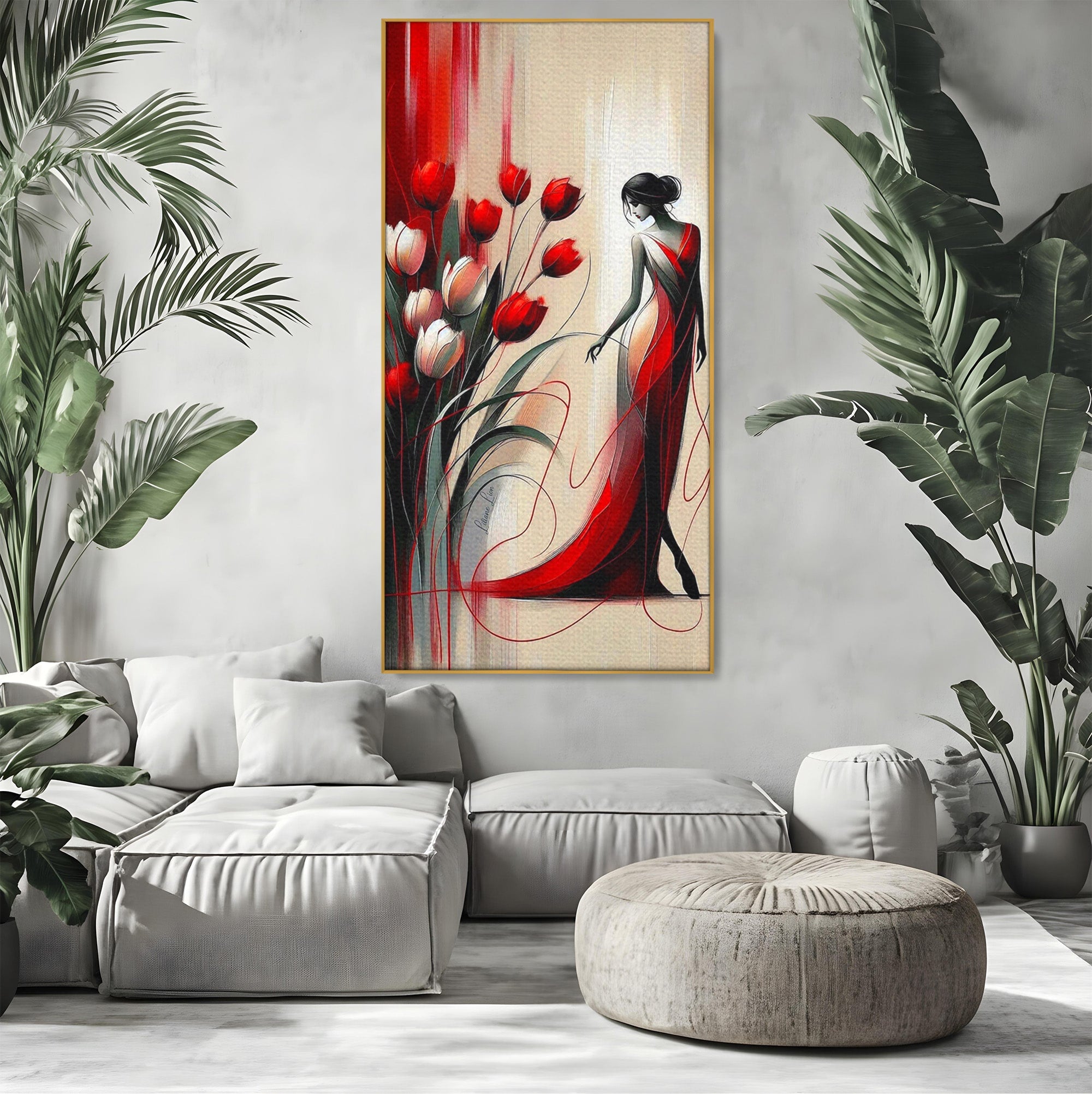 Tablou Canvas Premium LuxCanva® PI1047, Dansul Lalelelor, Flori, Femeie, Eleganta, Living, Arta, Culori Vibrante