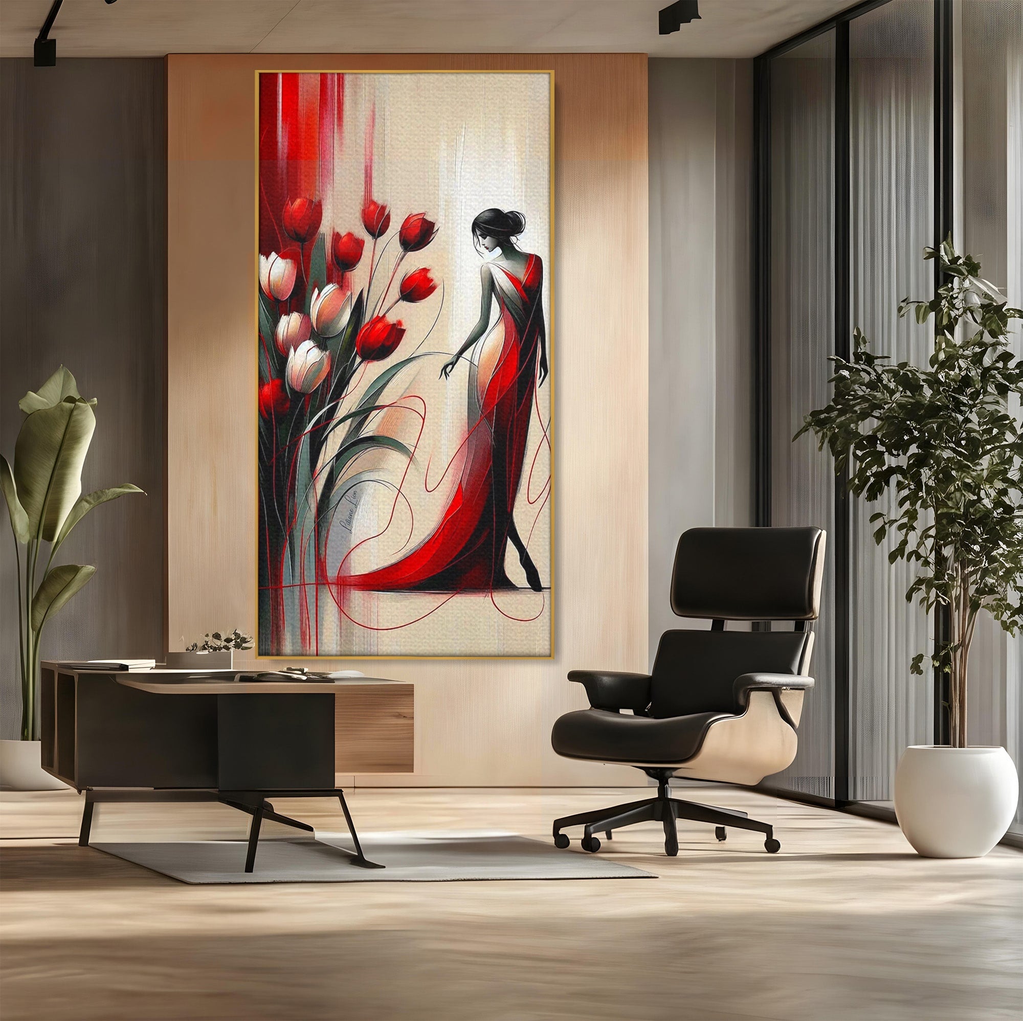 Tablou Canvas Premium LuxCanva® PI1047, Dansul Lalelelor, Flori, Femeie, Eleganta, Living, Arta, Culori Vibrante