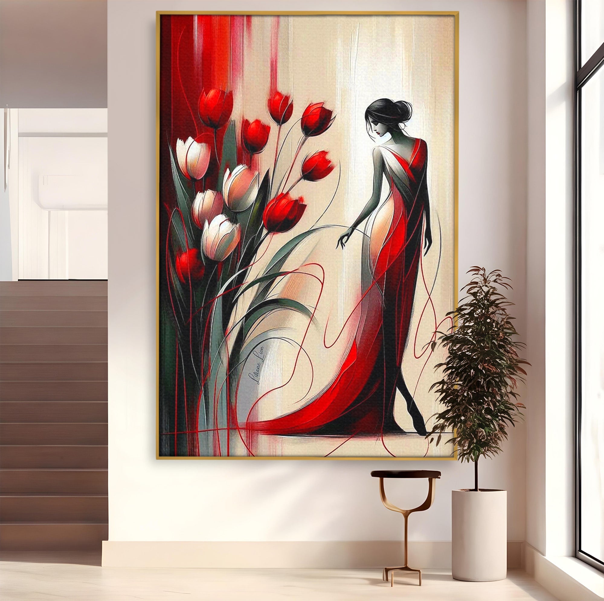 Tablou Canvas Premium LuxCanva® PI1047, Dansul Lalelelor, Flori, Femeie, Eleganta, Living, Arta, Culori Vibrante