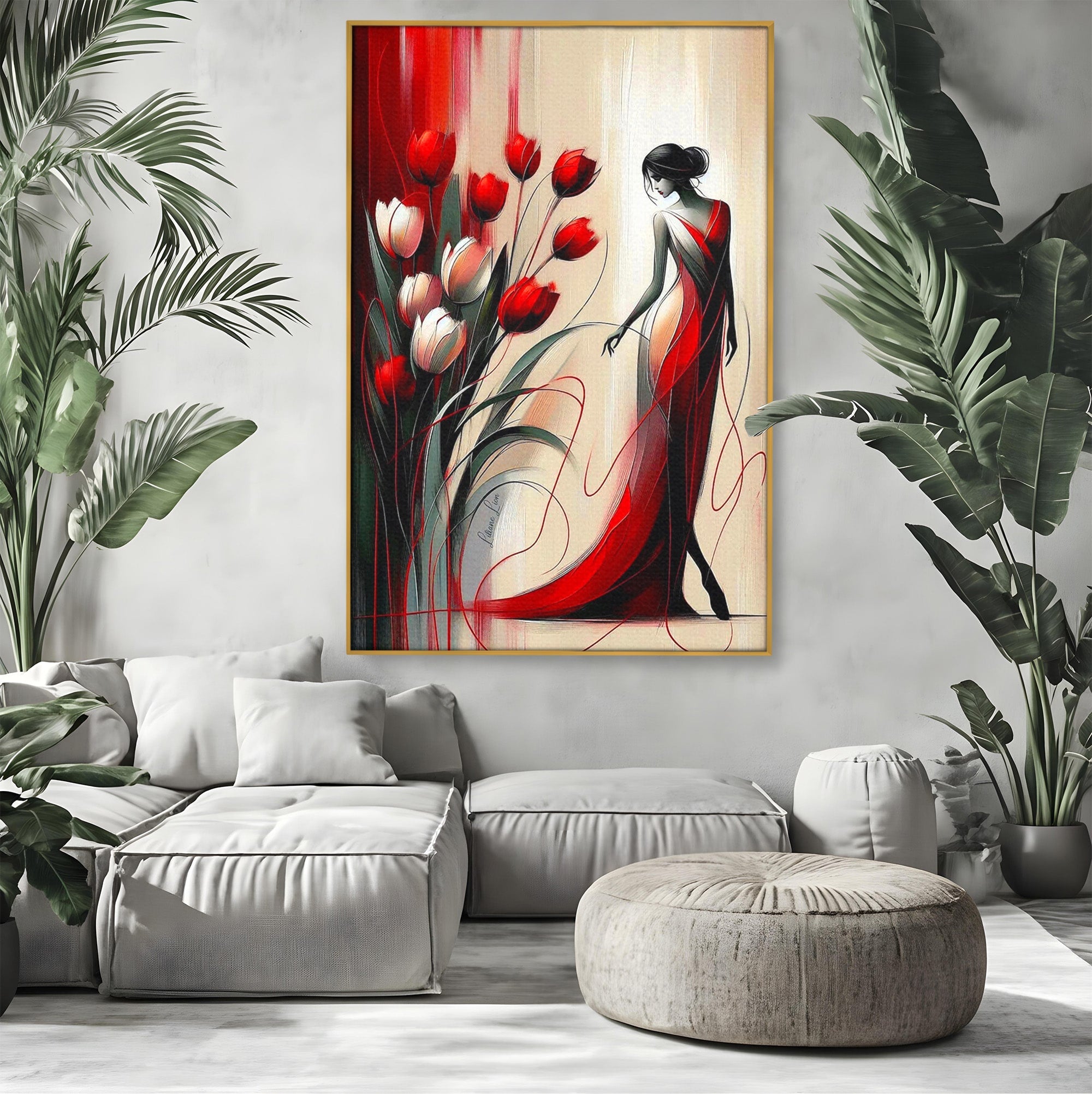 Tablou Canvas Premium LuxCanva® PI1047, Dansul Lalelelor, Flori, Femeie, Eleganta, Living, Arta, Culori Vibrante