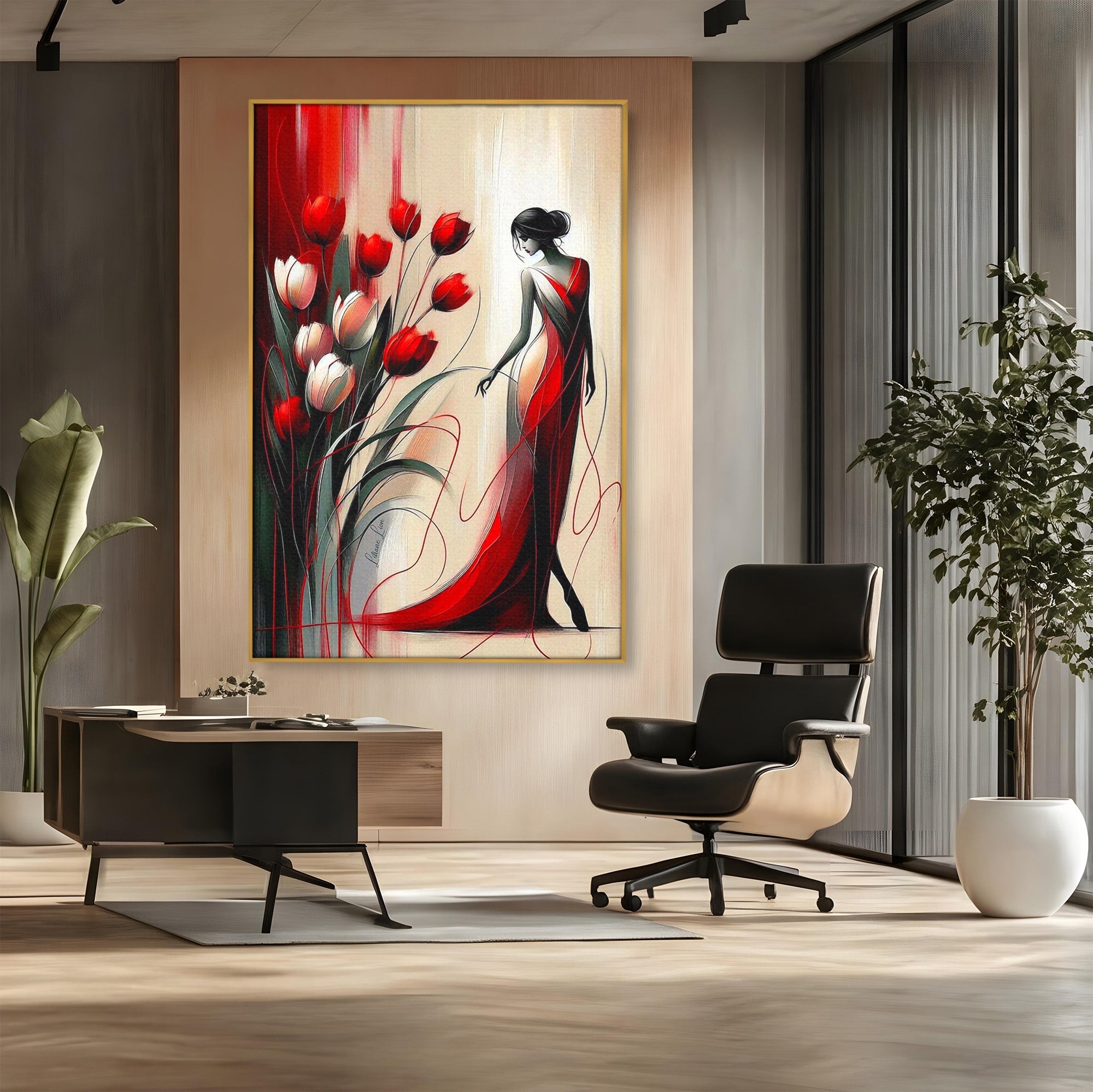 Tablou Canvas Premium LuxCanva® PI1047, Dansul Lalelelor, Flori, Femeie, Eleganta, Living, Arta, Culori Vibrante