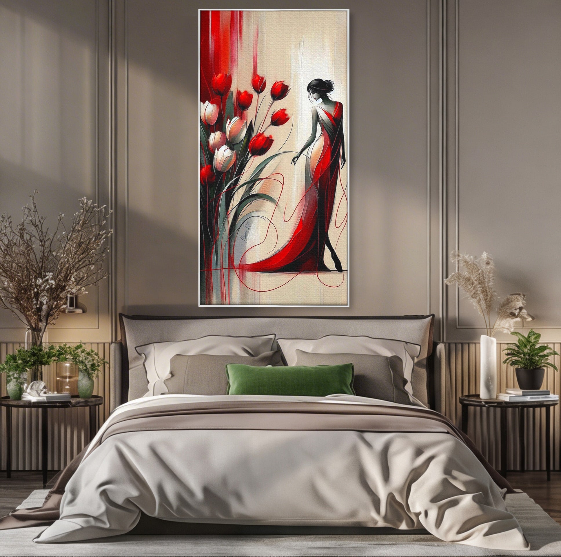 Tablou Canvas Premium LuxCanva® PI1047, Dansul Lalelelor, Flori, Femeie, Eleganta, Living, Arta, Culori Vibrante