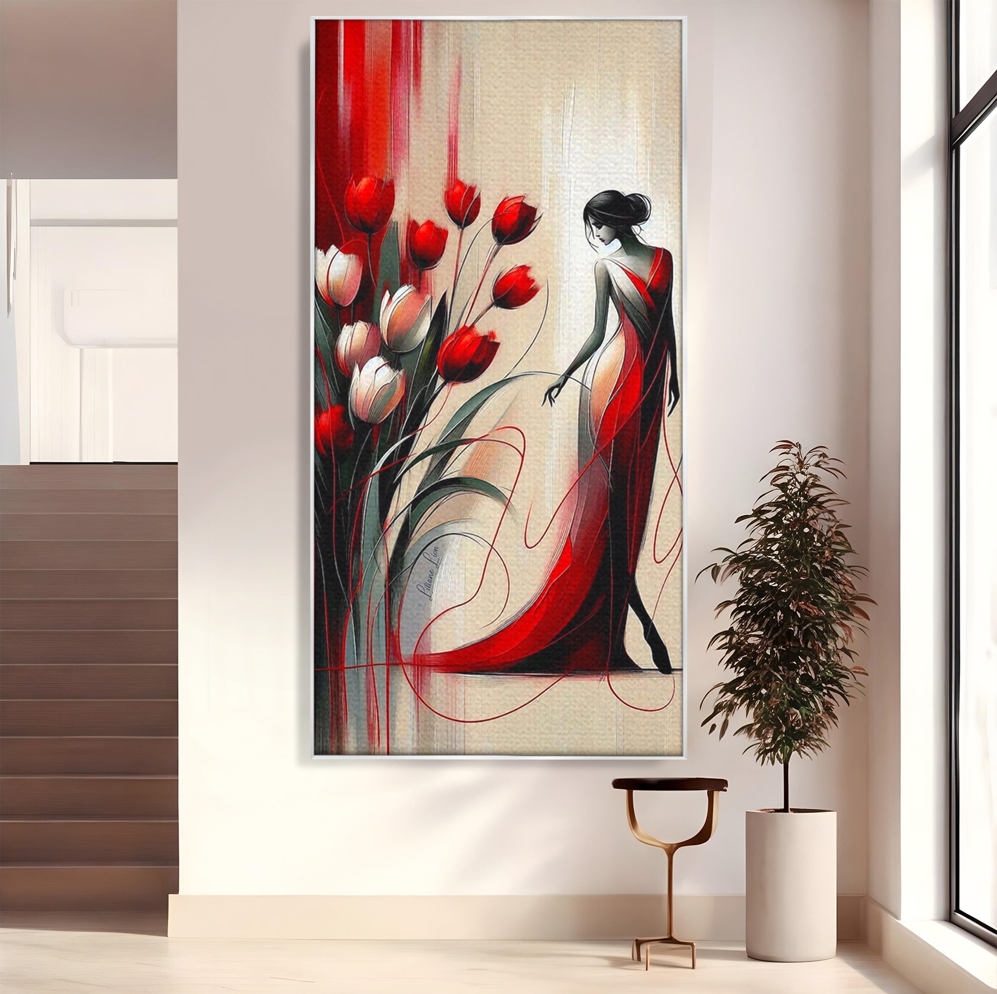 Tablou Canvas Premium LuxCanva® PI1047, Dansul Lalelelor, Flori, Femeie, Eleganta, Living, Arta, Culori Vibrante