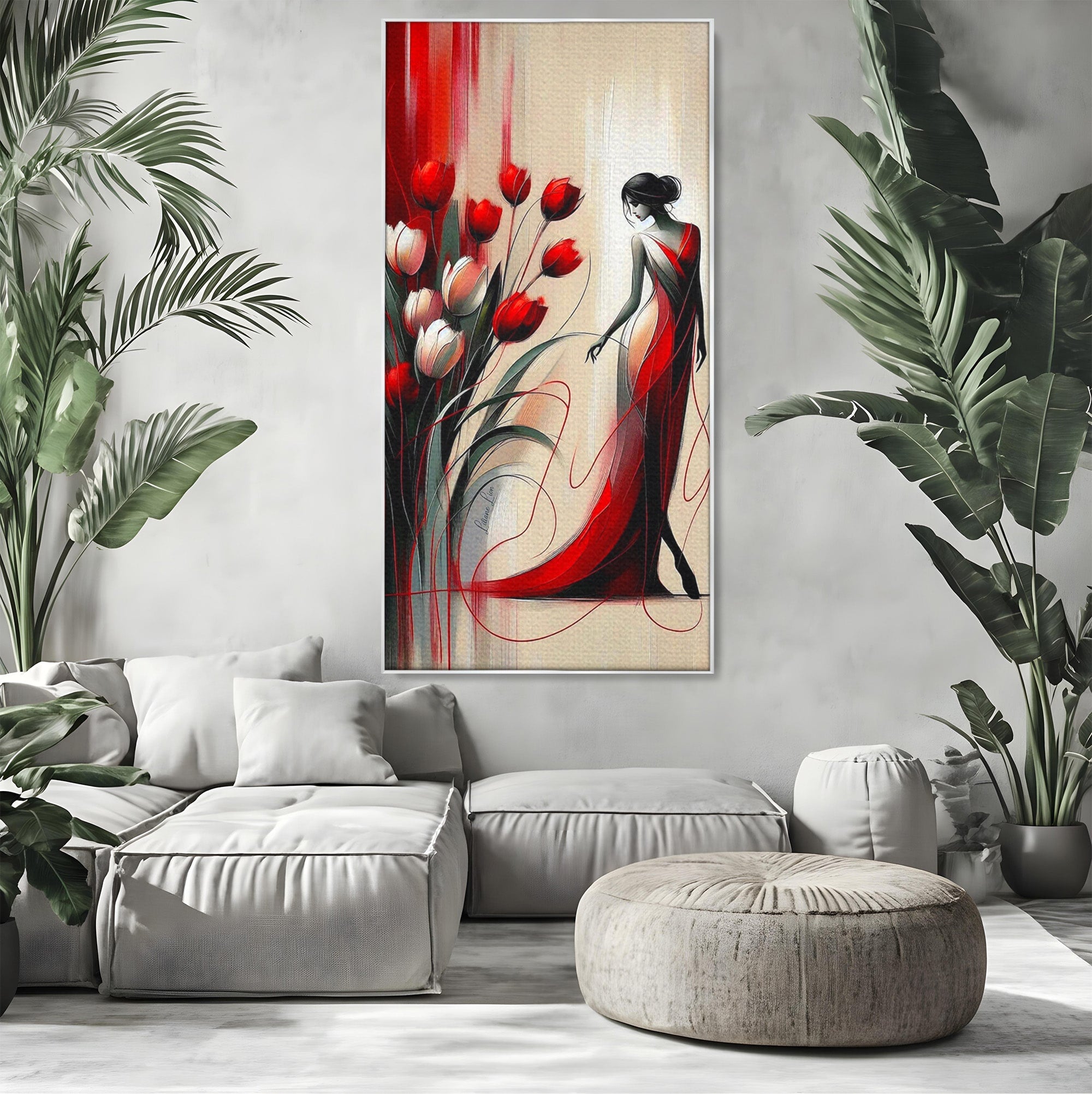 Tablou Canvas Premium LuxCanva® PI1047, Dansul Lalelelor, Flori, Femeie, Eleganta, Living, Arta, Culori Vibrante