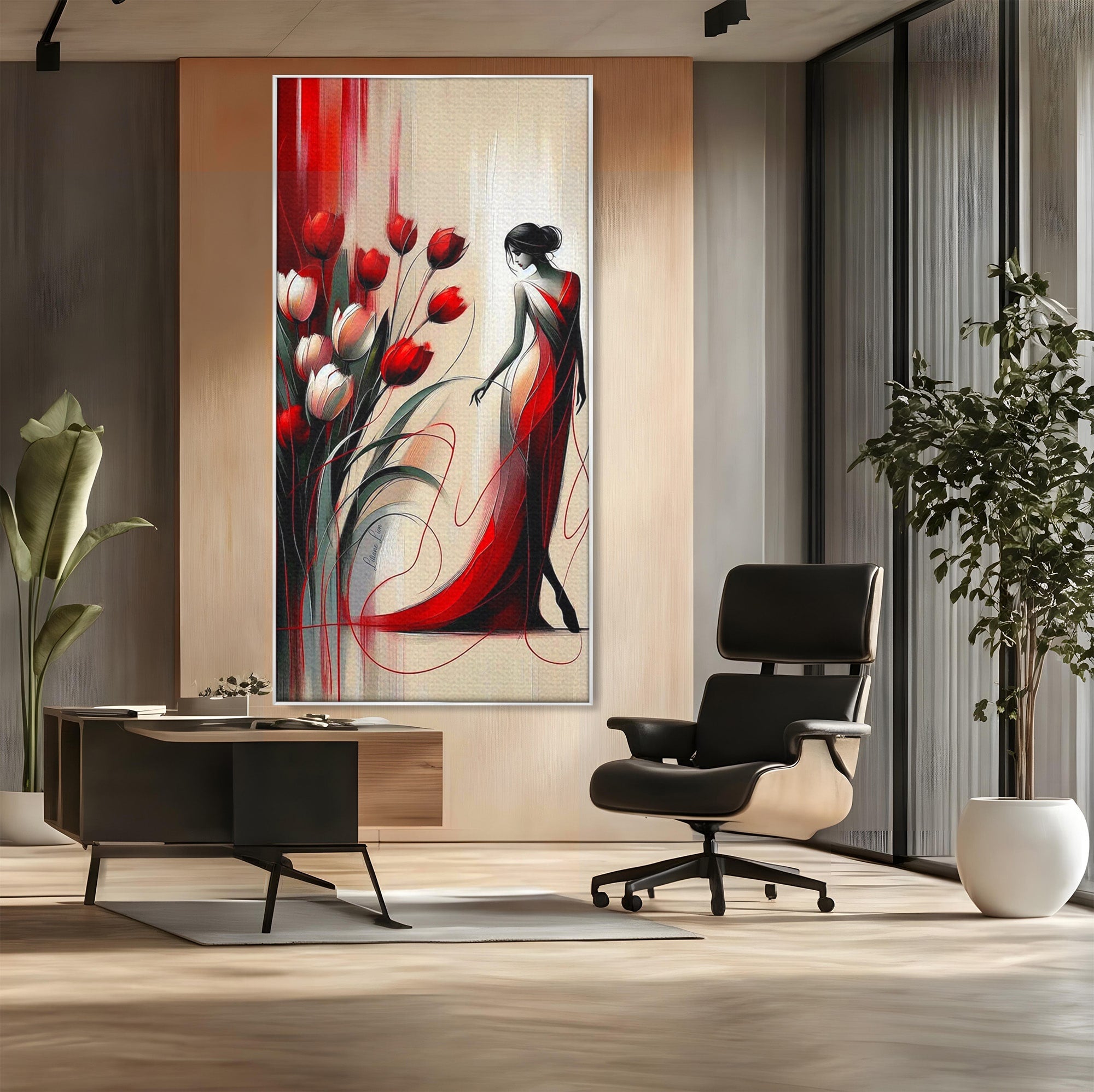 Tablou Canvas Premium LuxCanva® PI1047, Dansul Lalelelor, Flori, Femeie, Eleganta, Living, Arta, Culori Vibrante