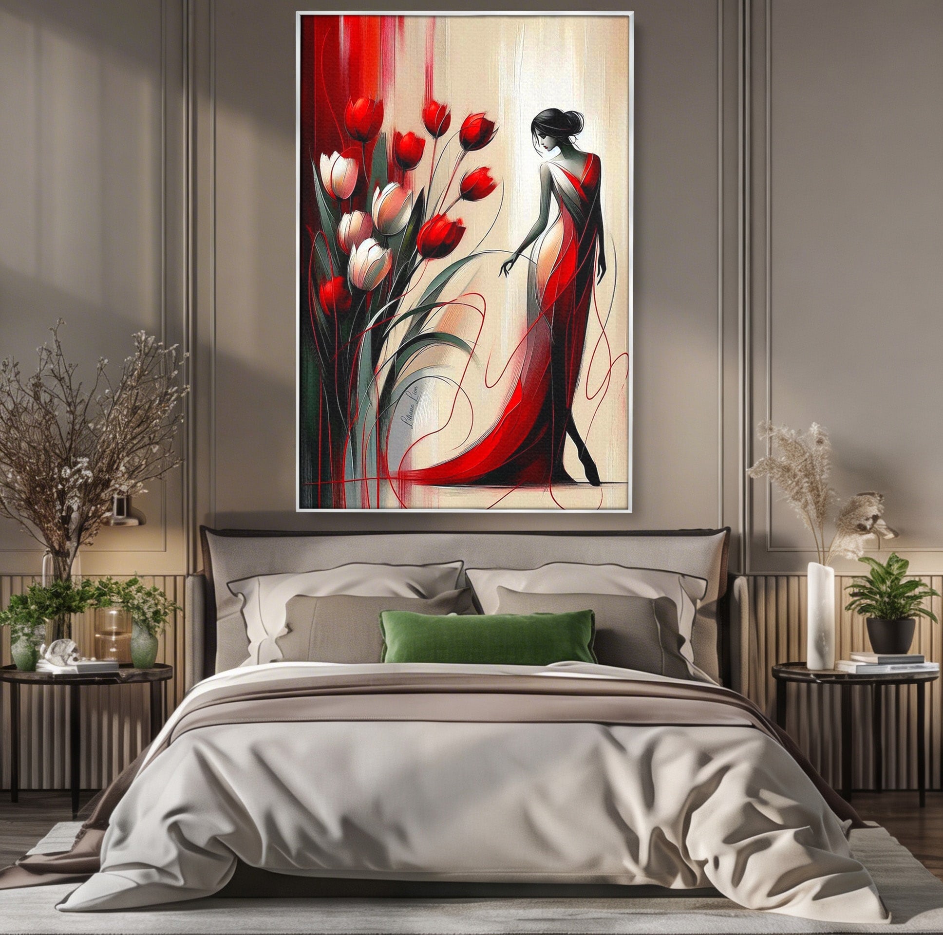 Tablou Canvas Premium LuxCanva® PI1047, Dansul Lalelelor, Flori, Femeie, Eleganta, Living, Arta, Culori Vibrante