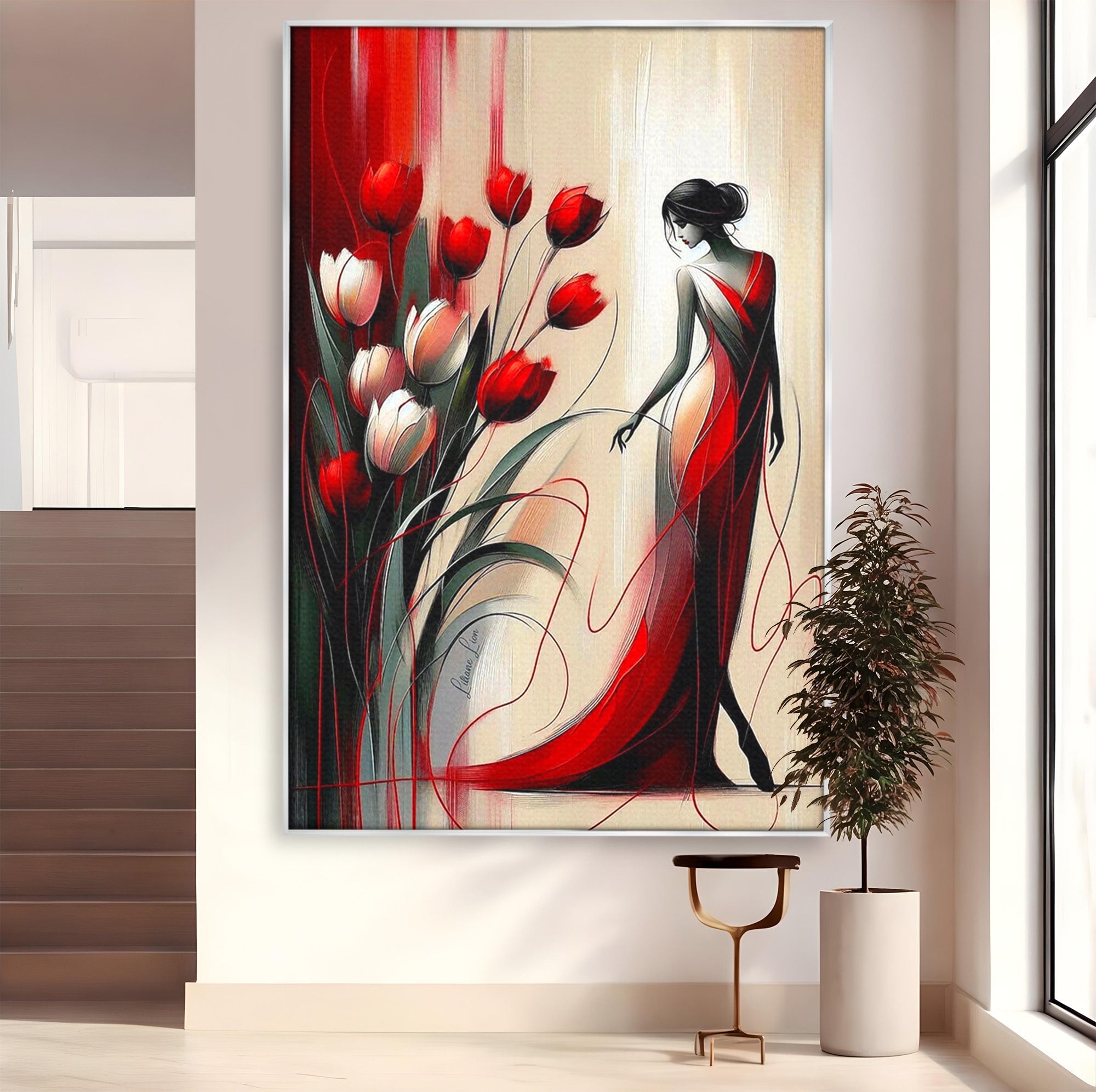 Tablou Canvas Premium LuxCanva® PI1047, Dansul Lalelelor, Flori, Femeie, Eleganta, Living, Arta, Culori Vibrante