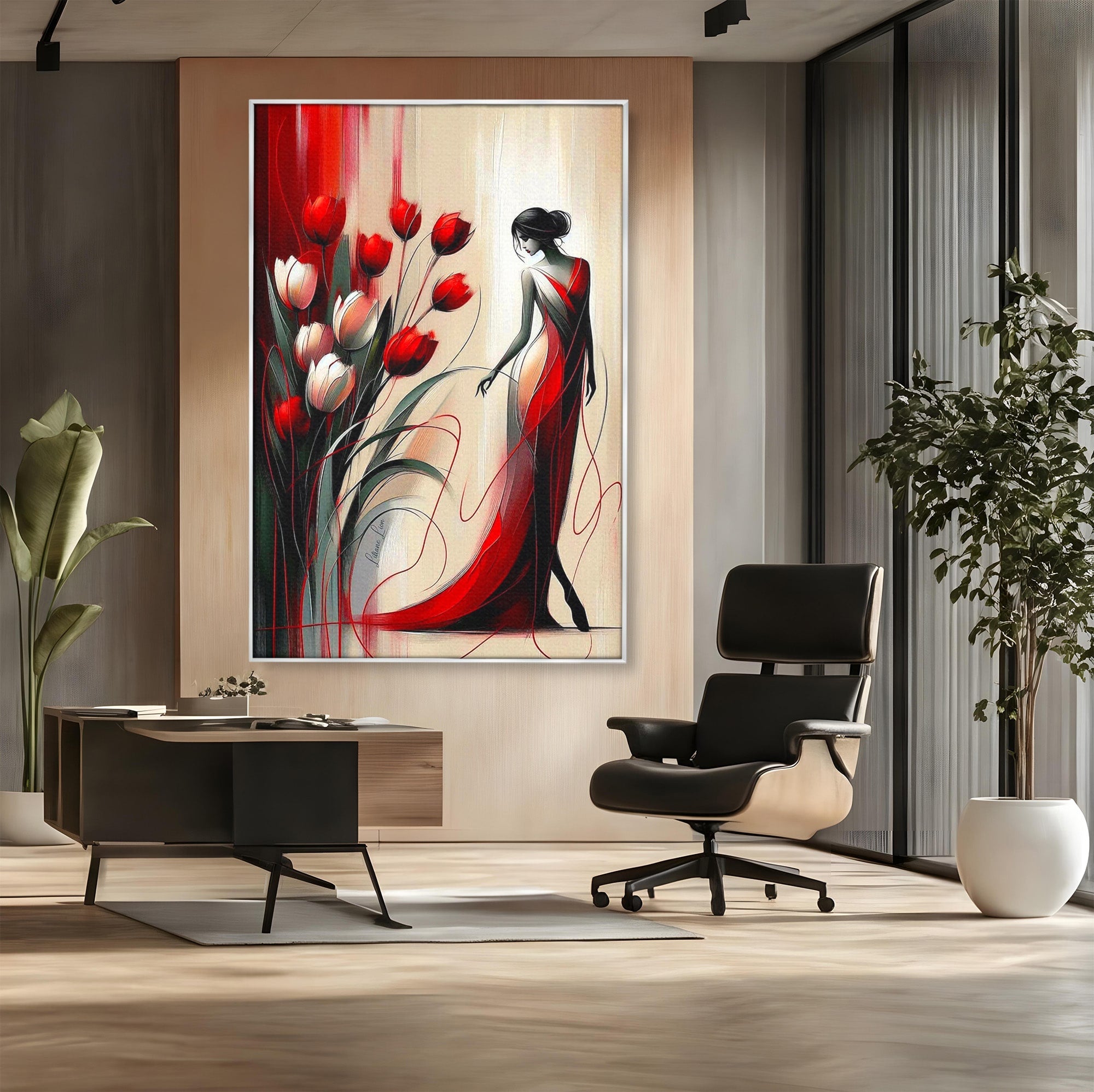 Tablou Canvas Premium LuxCanva® PI1047, Dansul Lalelelor, Flori, Femeie, Eleganta, Living, Arta, Culori Vibrante