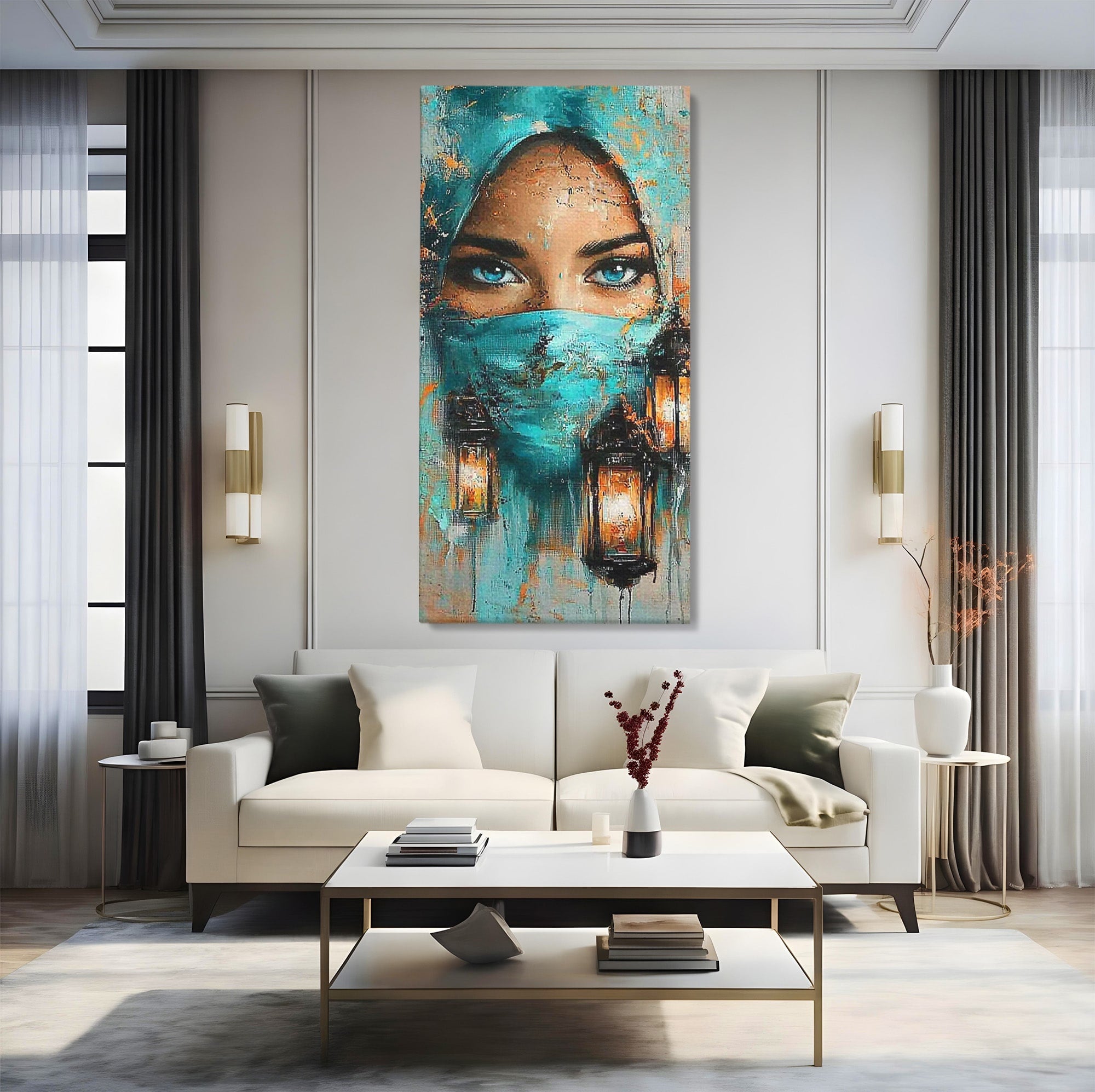 Tablou Canvas Premium LuxCanva® PI1048, Privire Misterioasa, Ochi, Frumusete, Portret, Mister, Lanterna, Living, Culori Vibrante