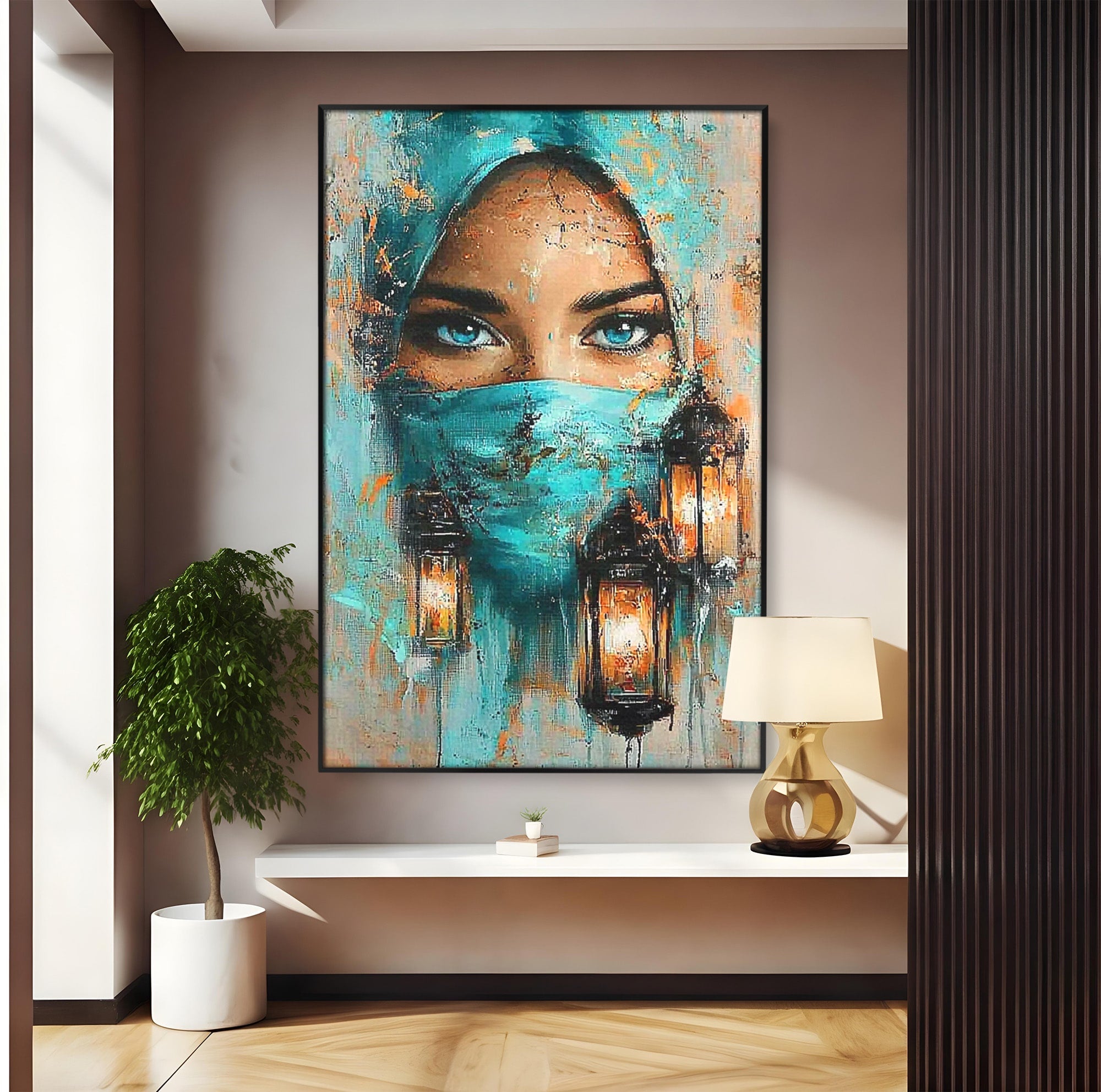 Tablou Canvas Premium LuxCanva® PI1048, Privire Misterioasa, Ochi, Frumusete, Portret, Mister, Lanterna, Living, Culori Vibrante