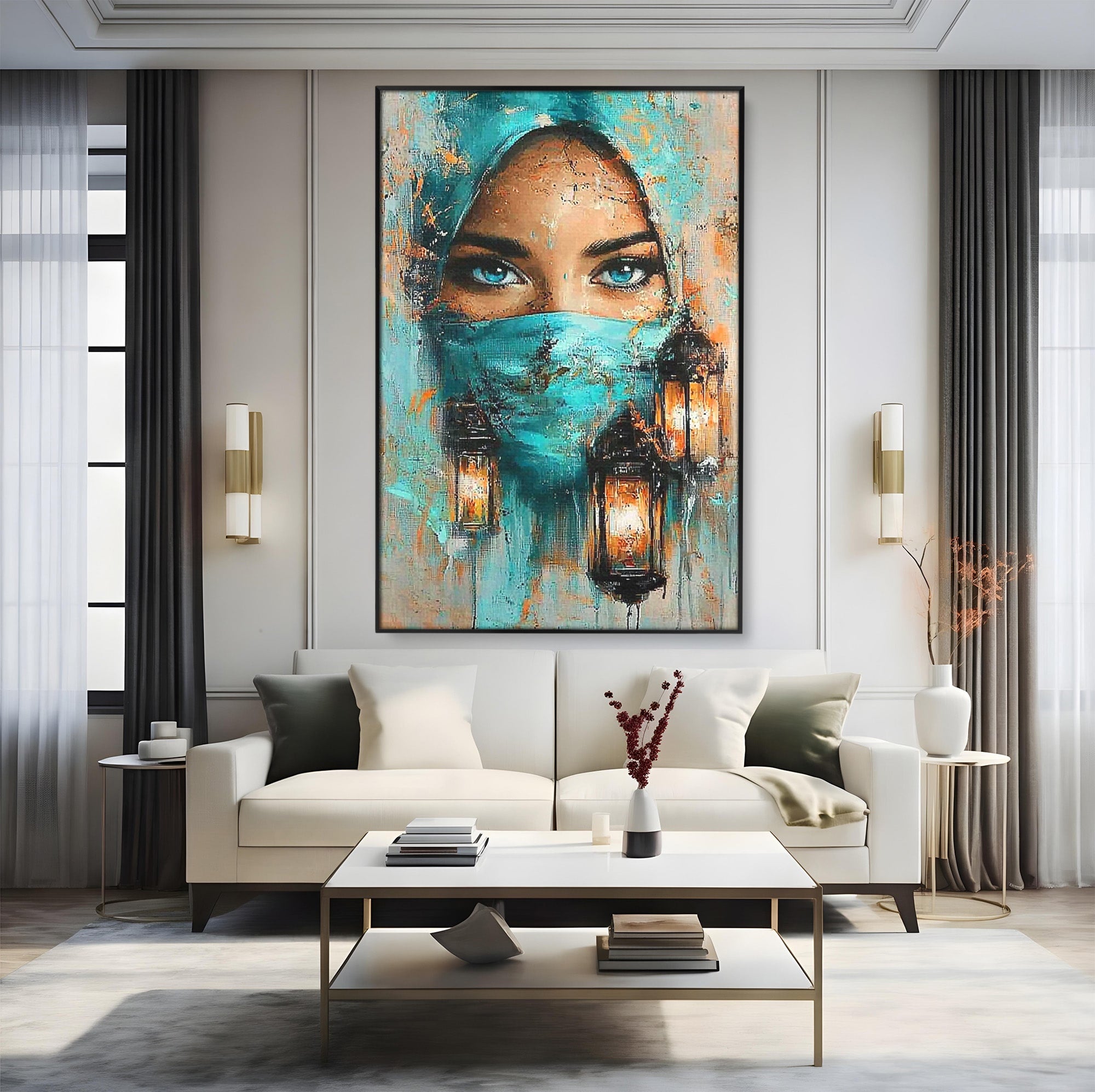 Tablou Canvas Premium LuxCanva® PI1048, Privire Misterioasa, Ochi, Frumusete, Portret, Mister, Lanterna, Living, Culori Vibrante