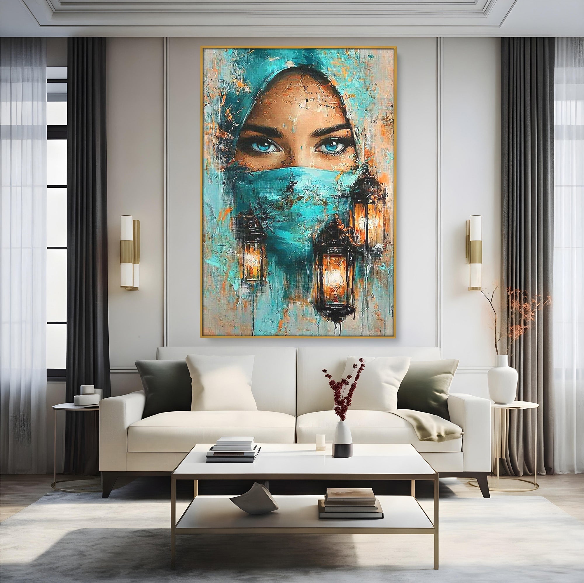 Tablou Canvas Premium LuxCanva® PI1048, Privire Misterioasa, Ochi, Frumusete, Portret, Mister, Lanterna, Living, Culori Vibrante
