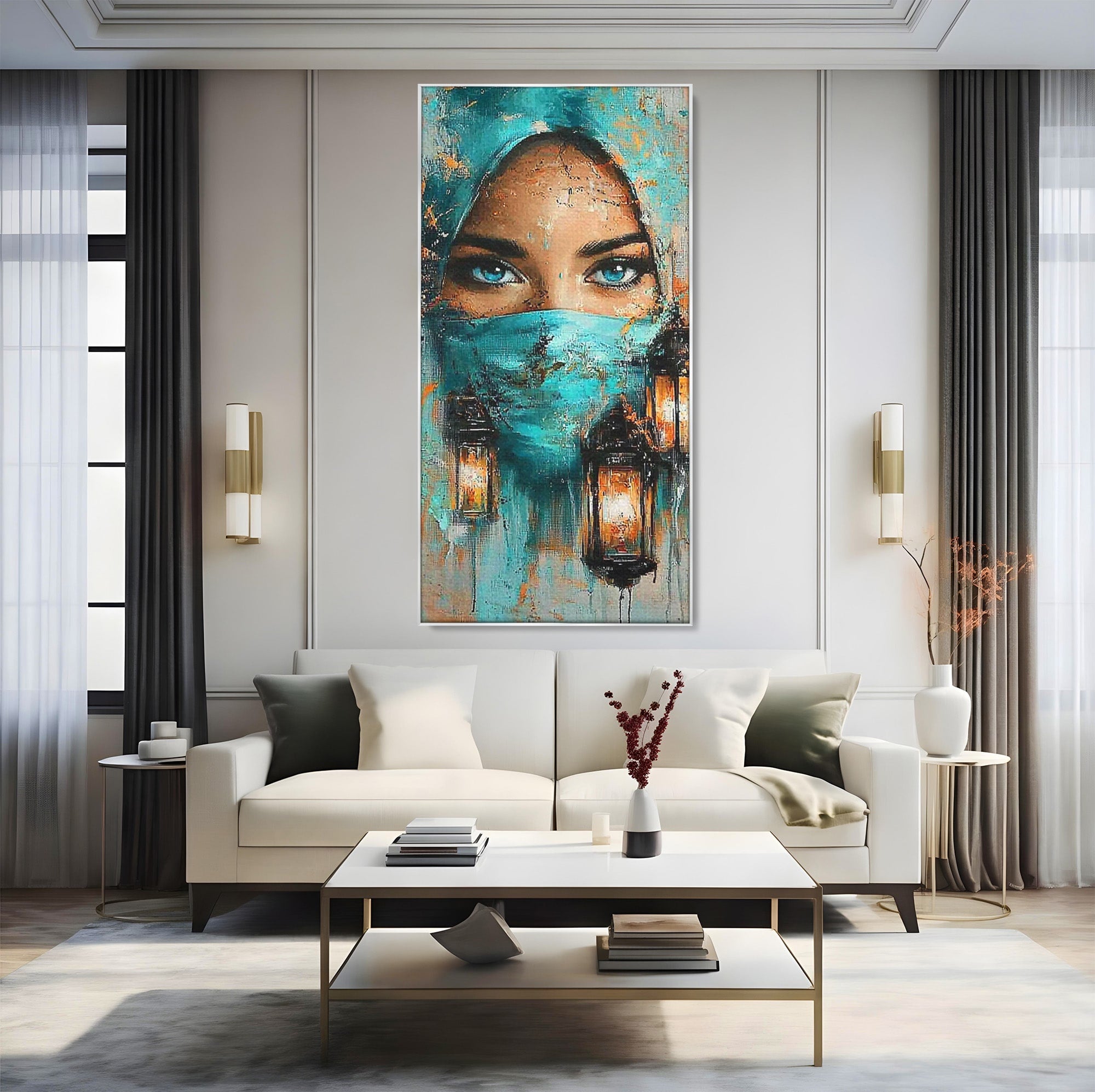 Tablou Canvas Premium LuxCanva® PI1048, Privire Misterioasa, Ochi, Frumusete, Portret, Mister, Lanterna, Living, Culori Vibrante