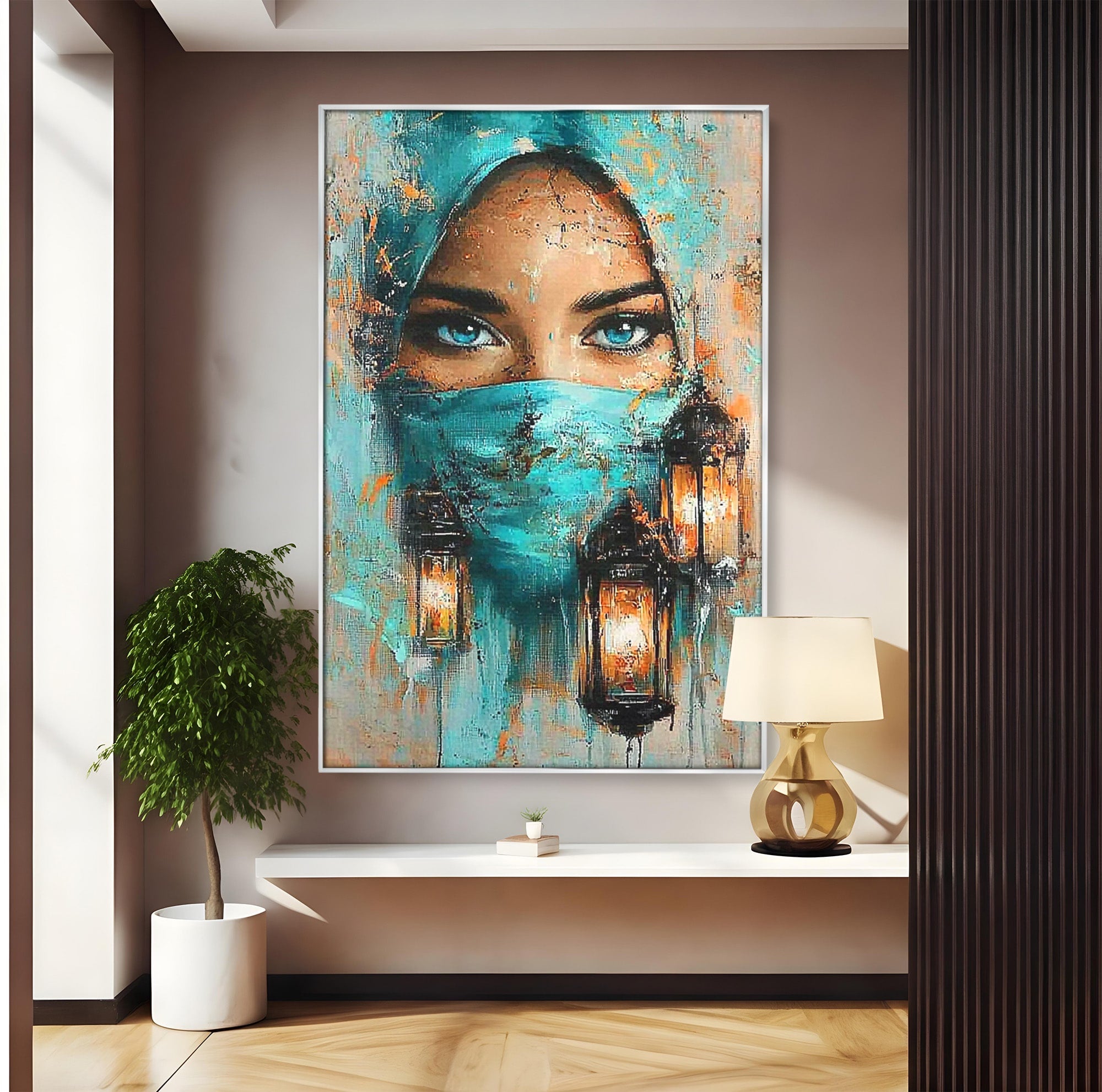Tablou Canvas Premium LuxCanva® PI1048, Privire Misterioasa, Ochi, Frumusete, Portret, Mister, Lanterna, Living, Culori Vibrante