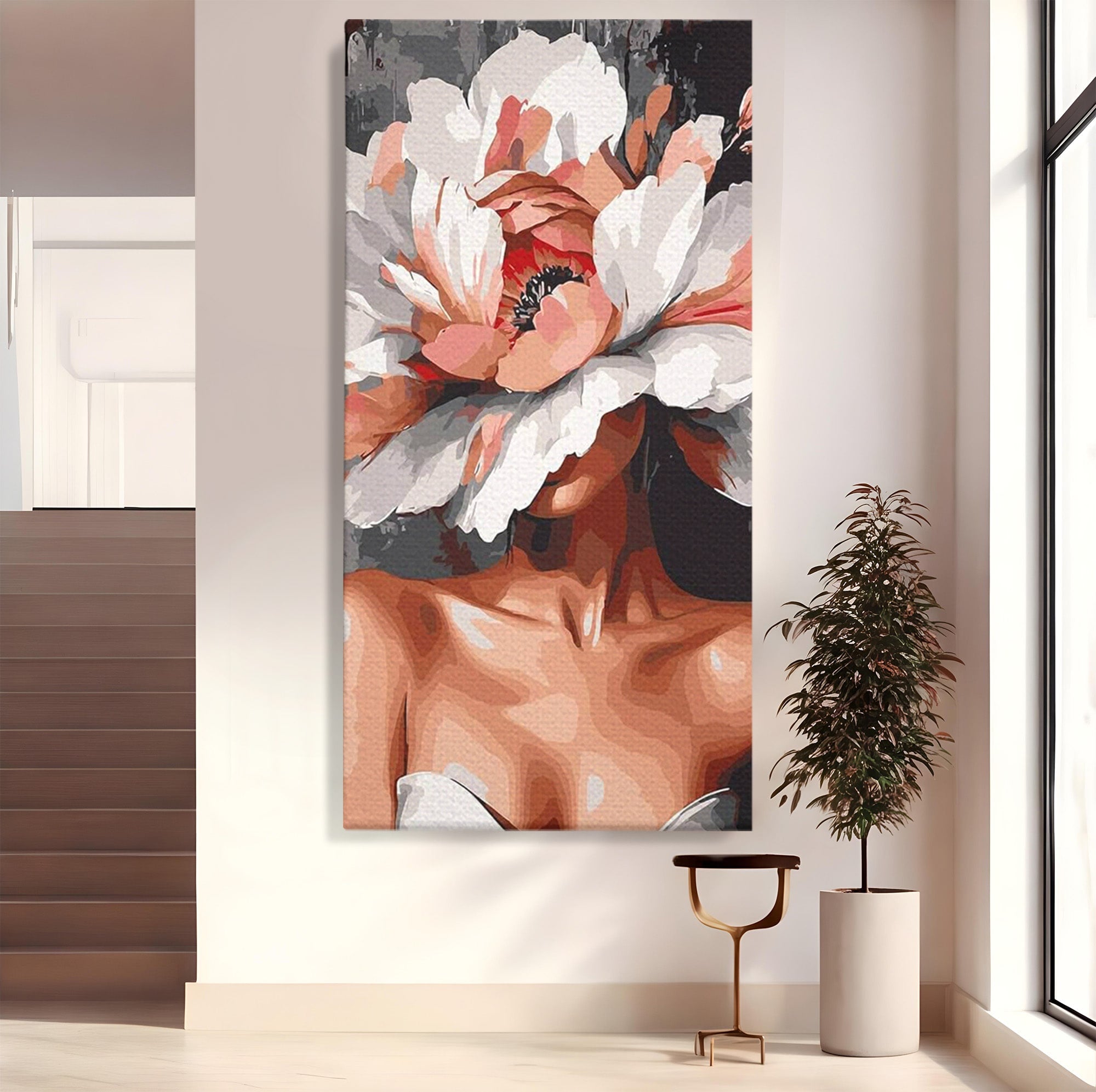 Tablou Canvas Premium LuxCanva® PI1049, Femeie Cu Floare, Femeie, Floare, Portret, Arta Abstracta, Dormitor, Culori Vibrante