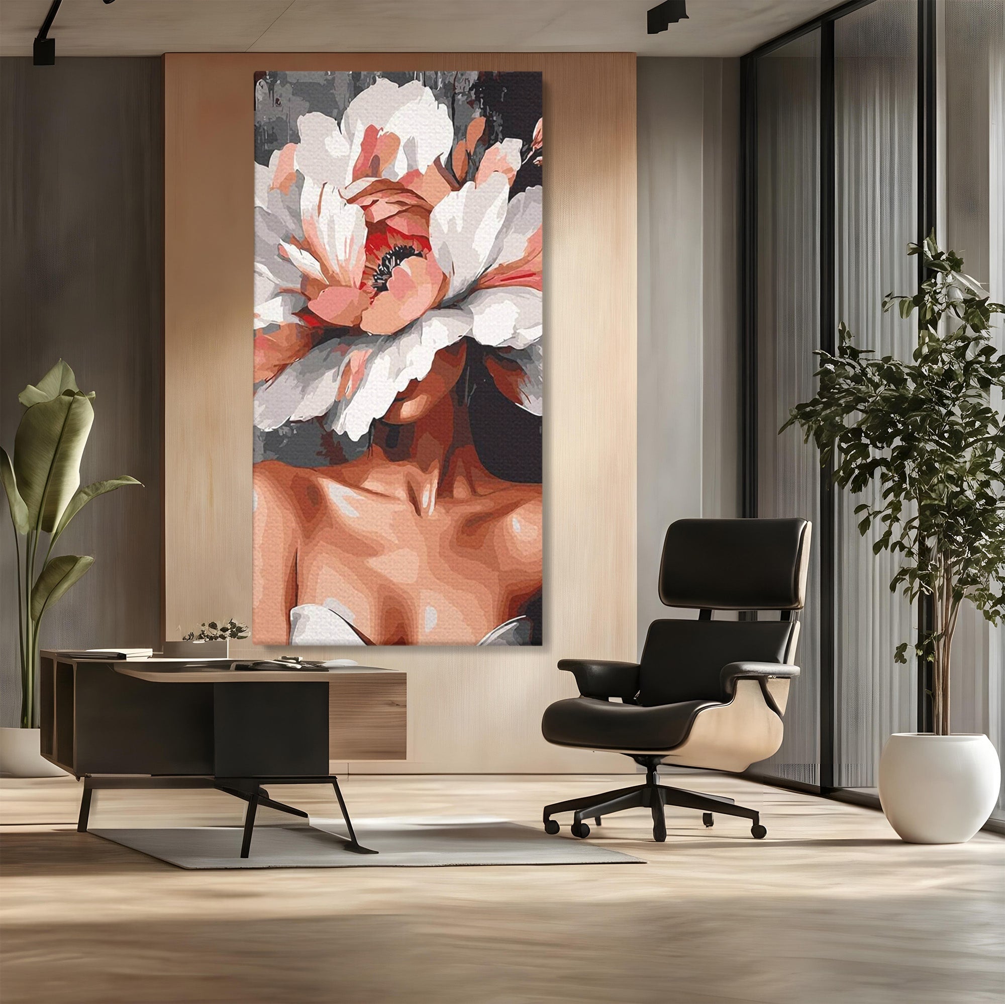 Tablou Canvas Premium LuxCanva® PI1049, Femeie Cu Floare, Femeie, Floare, Portret, Arta Abstracta, Dormitor, Culori Vibrante