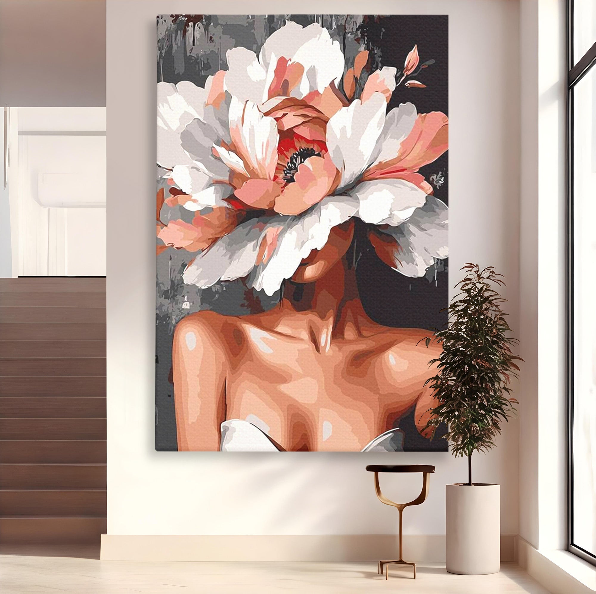 Tablou Canvas Premium LuxCanva® PI1049, Femeie Cu Floare, Femeie, Floare, Portret, Arta Abstracta, Dormitor, Culori Vibrante