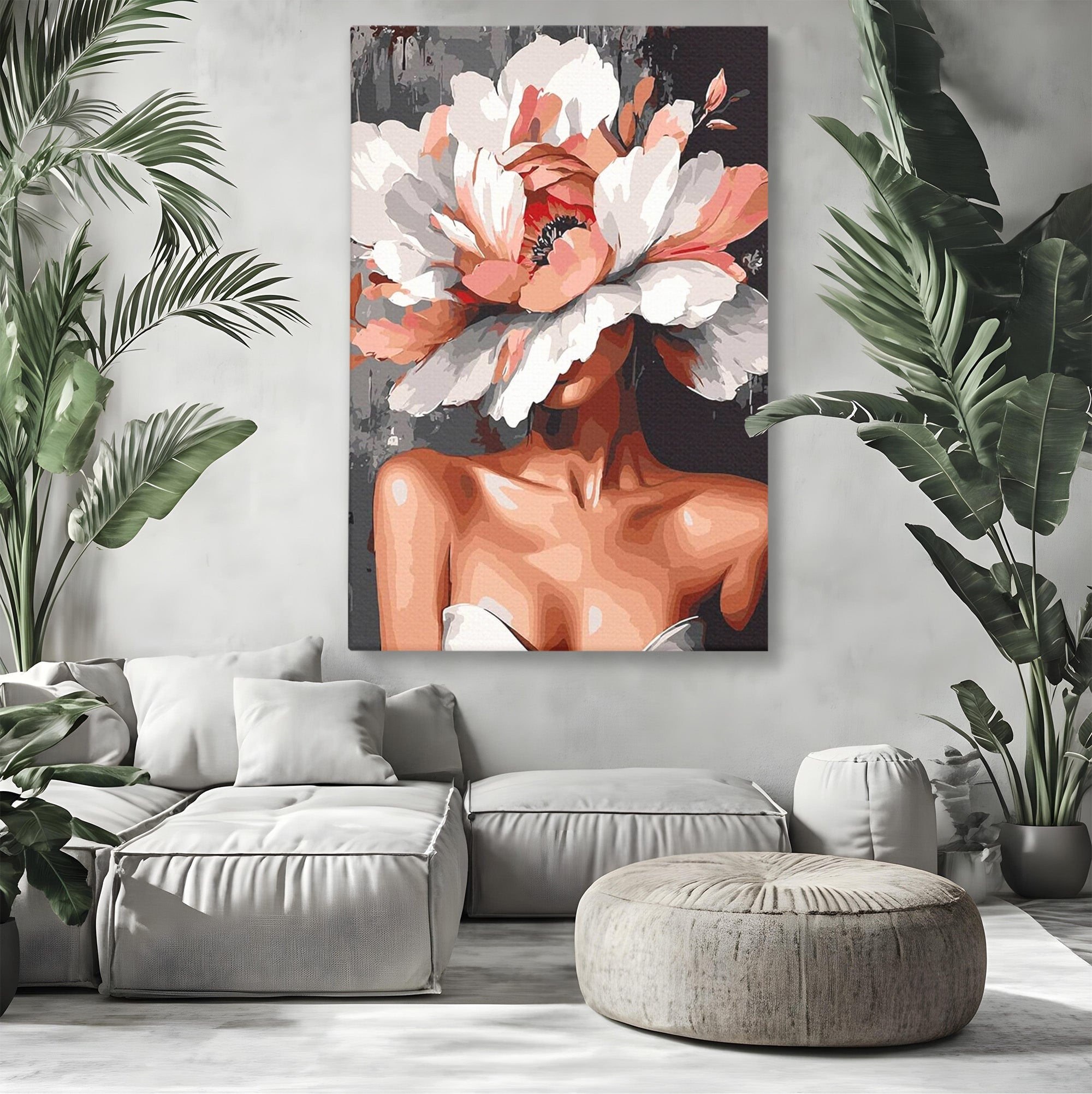 Tablou Canvas Premium LuxCanva® PI1049, Femeie Cu Floare, Femeie, Floare, Portret, Arta Abstracta, Dormitor, Culori Vibrante