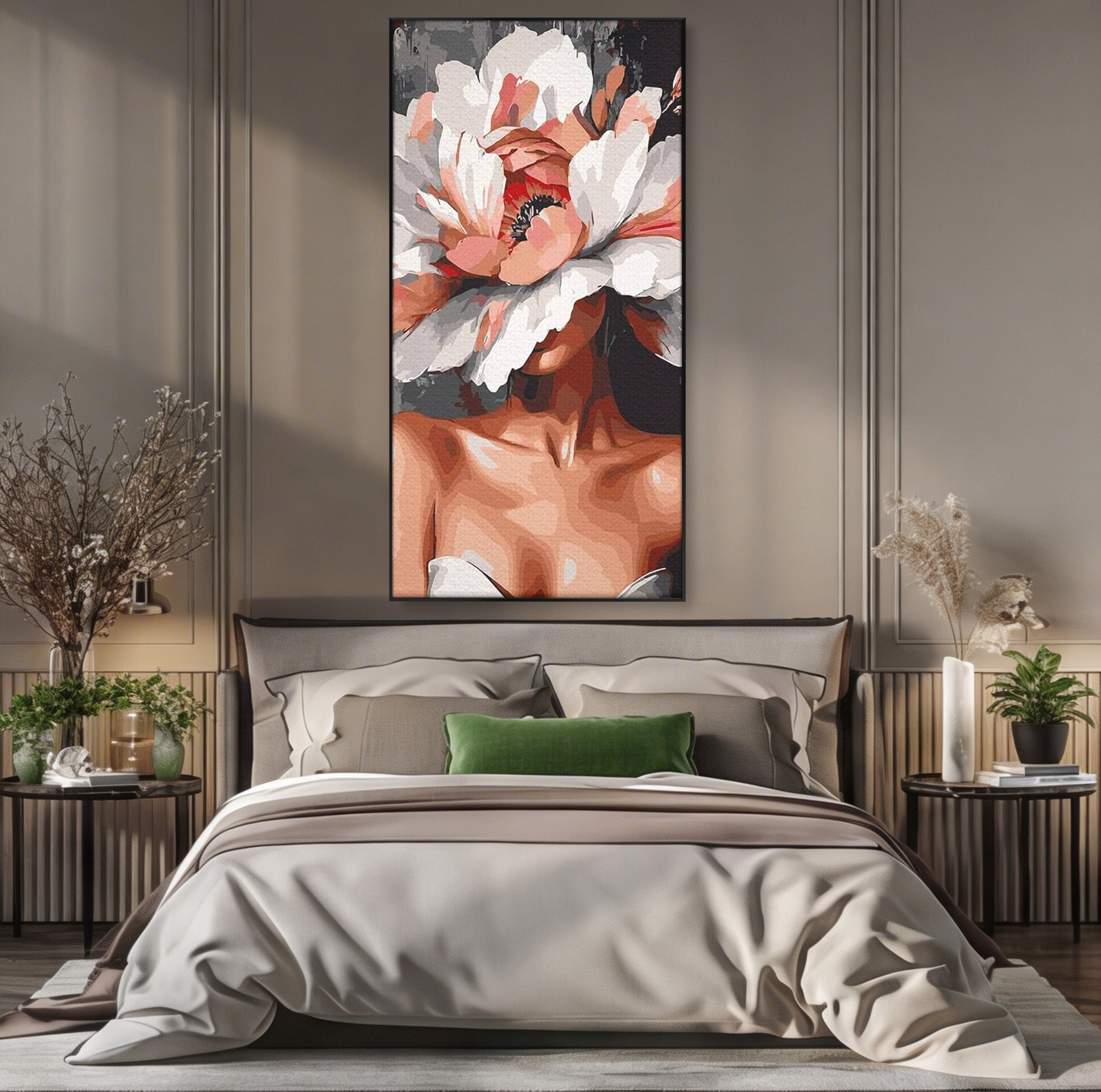 Tablou Canvas Premium LuxCanva® PI1049, Femeie Cu Floare, Femeie, Floare, Portret, Arta Abstracta, Dormitor, Culori Vibrante