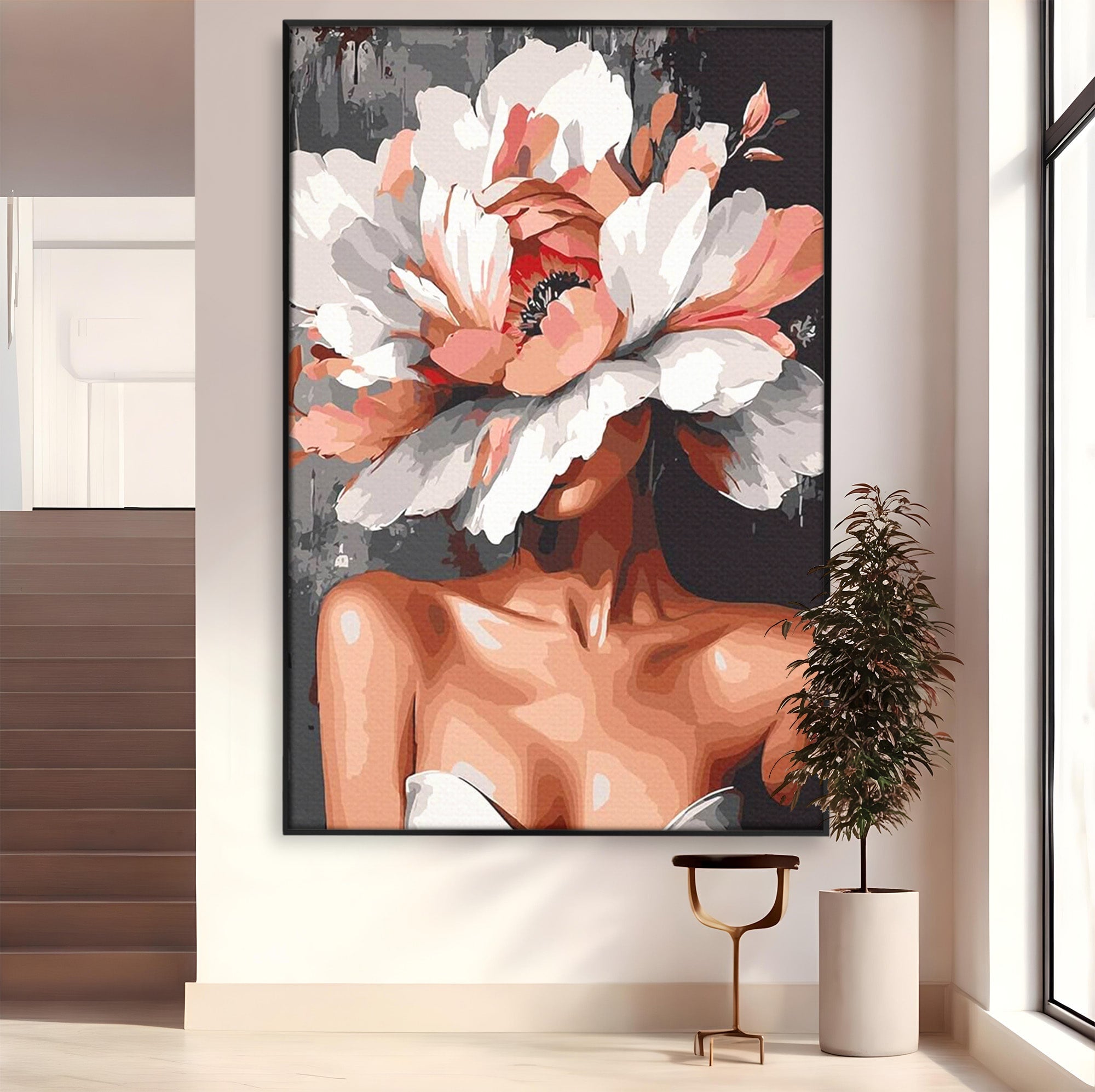 Tablou Canvas Premium LuxCanva® PI1049, Femeie Cu Floare, Femeie, Floare, Portret, Arta Abstracta, Dormitor, Culori Vibrante