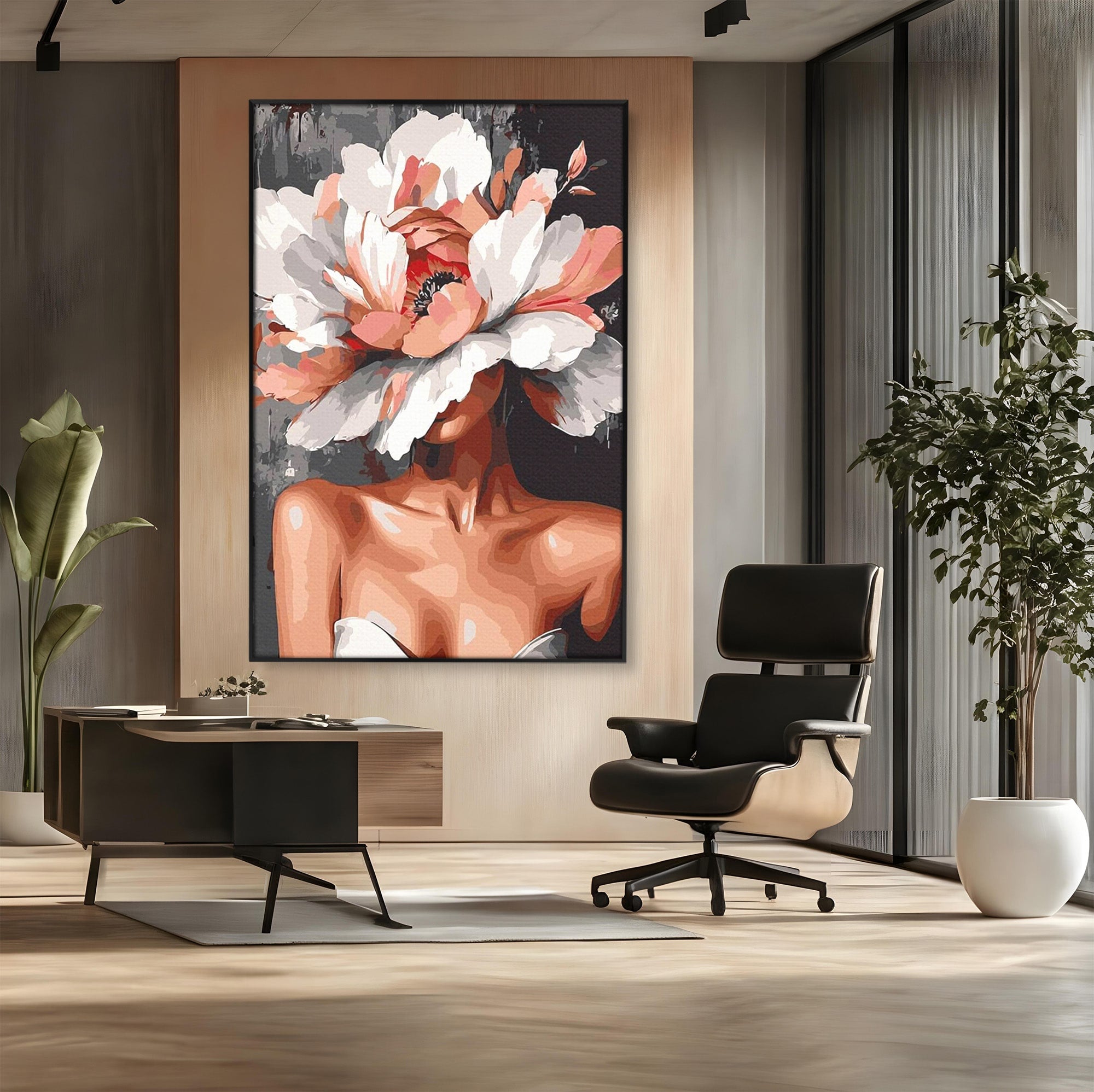 Tablou Canvas Premium LuxCanva® PI1049, Femeie Cu Floare, Femeie, Floare, Portret, Arta Abstracta, Dormitor, Culori Vibrante