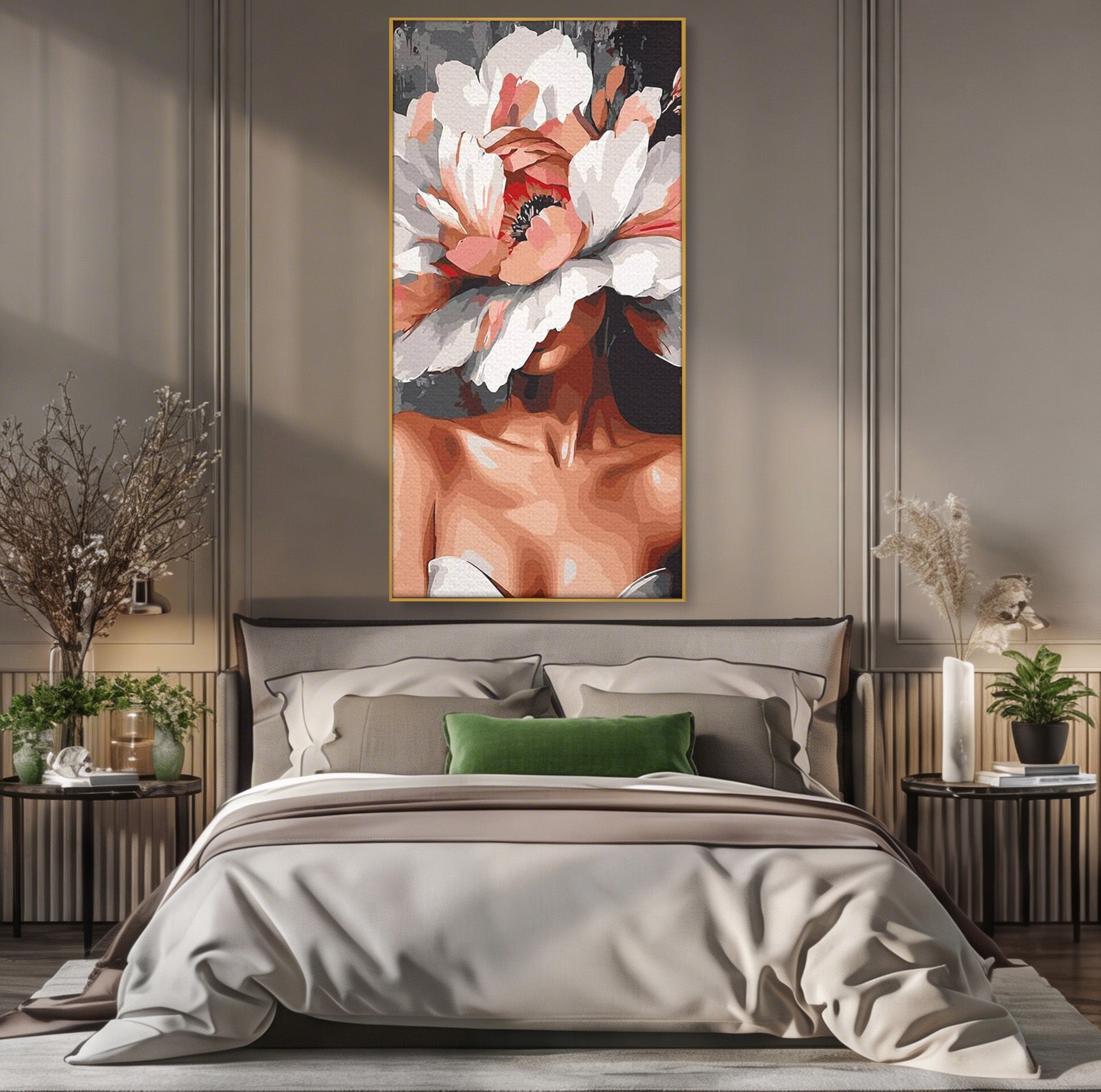 Tablou Canvas Premium LuxCanva® PI1049, Femeie Cu Floare, Femeie, Floare, Portret, Arta Abstracta, Dormitor, Culori Vibrante