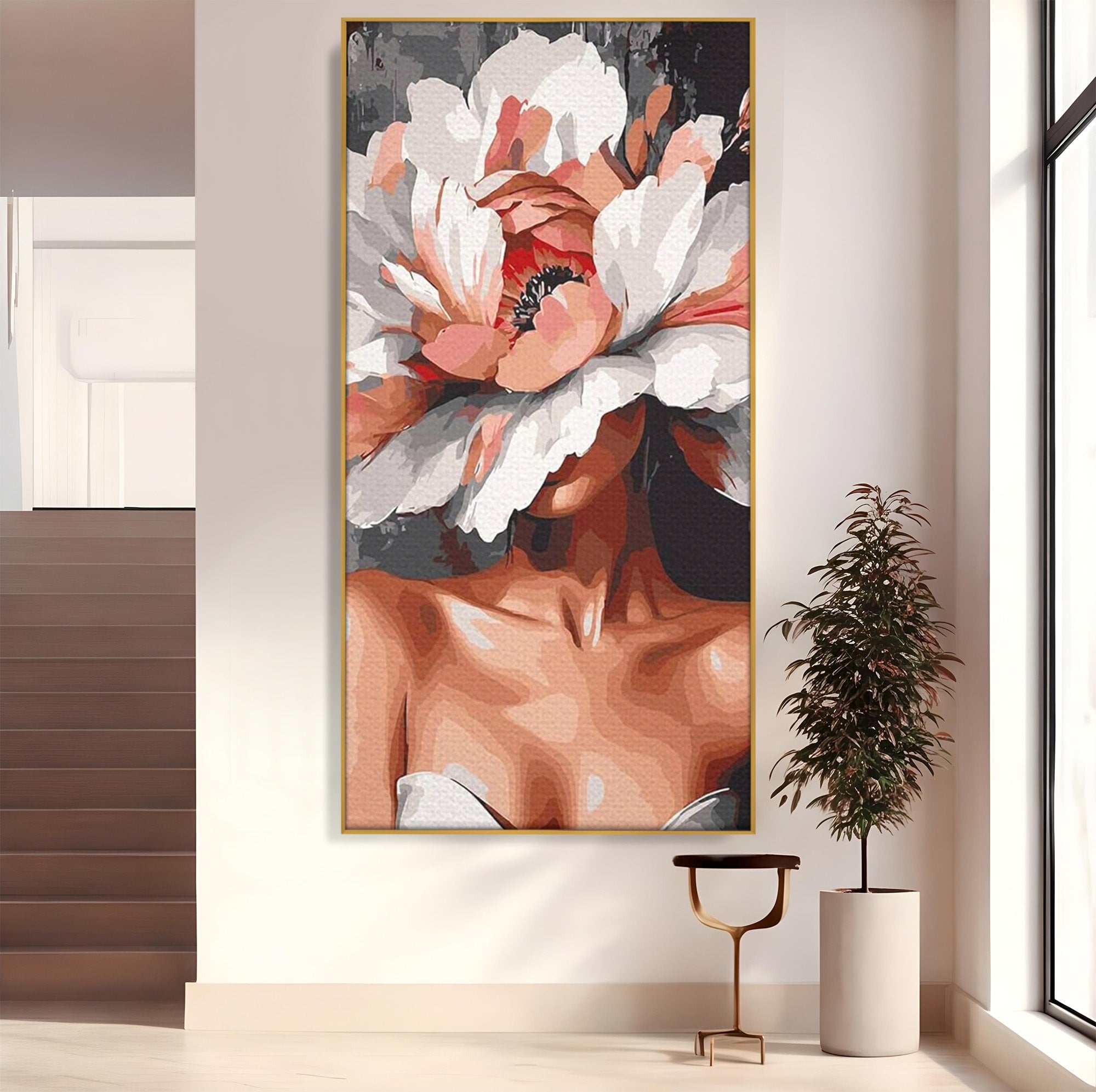 Tablou Canvas Premium LuxCanva® PI1049, Femeie Cu Floare, Femeie, Floare, Portret, Arta Abstracta, Dormitor, Culori Vibrante