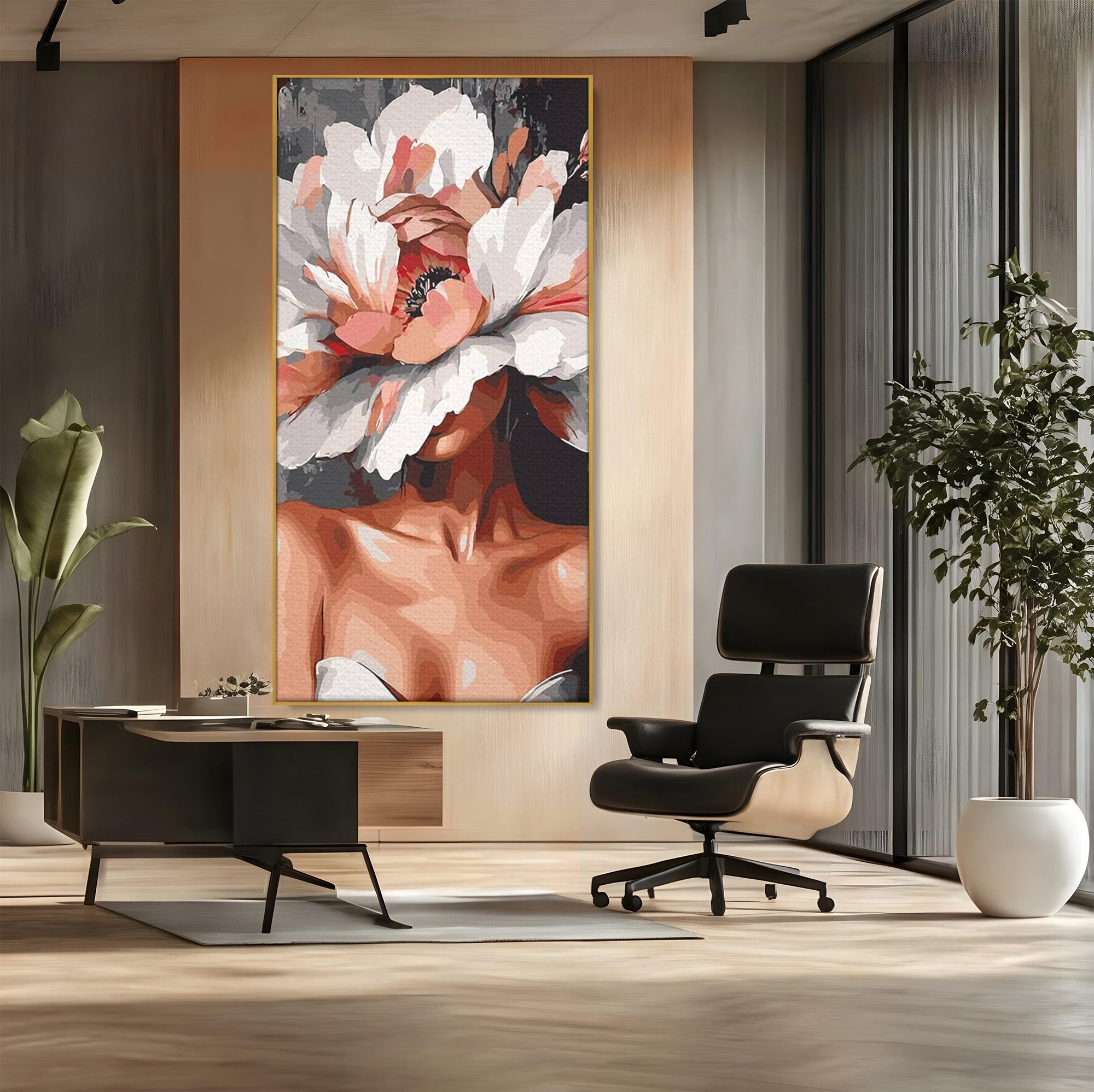 Tablou Canvas Premium LuxCanva® PI1049, Femeie Cu Floare, Femeie, Floare, Portret, Arta Abstracta, Dormitor, Culori Vibrante